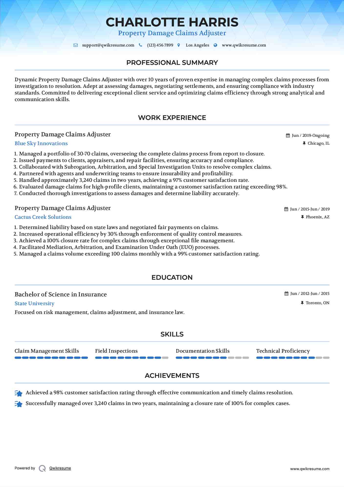 Property Damage Claims Adjuster Resume Example