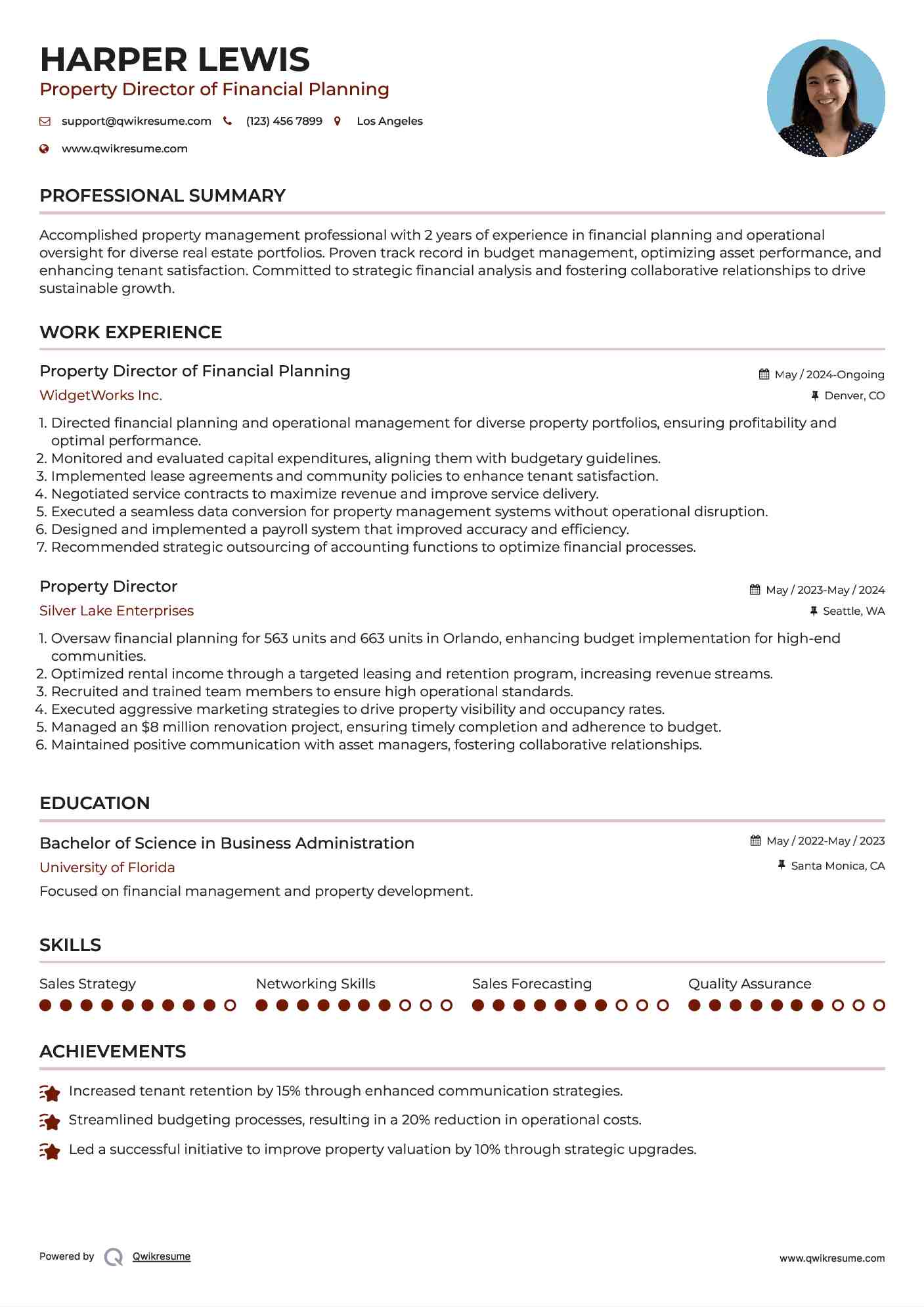 Property Director of Financial Planning Resume Example