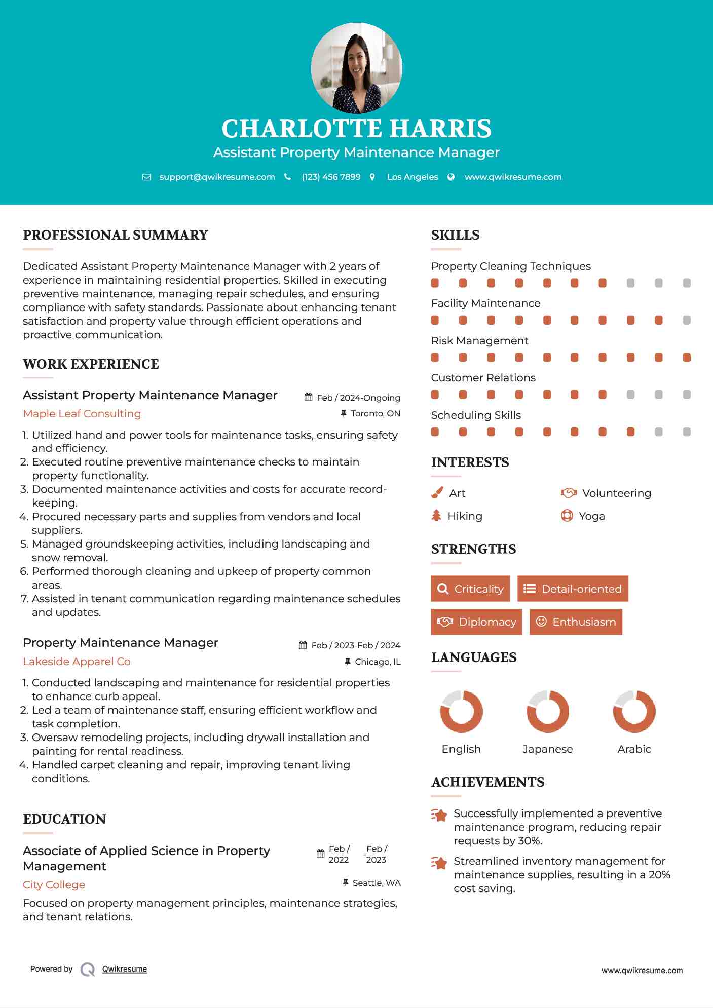 Assistant Property Maintenance Manager Resume Template