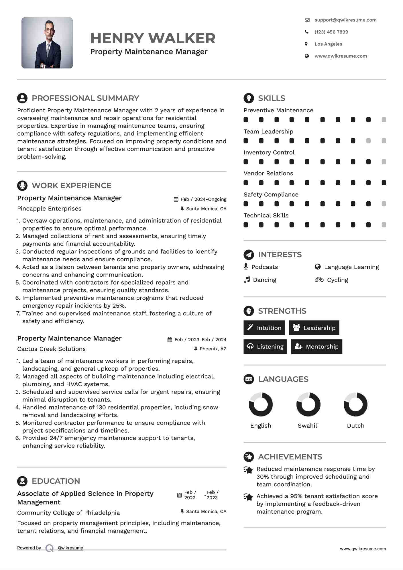 Property Maintenance Manager Resume Template