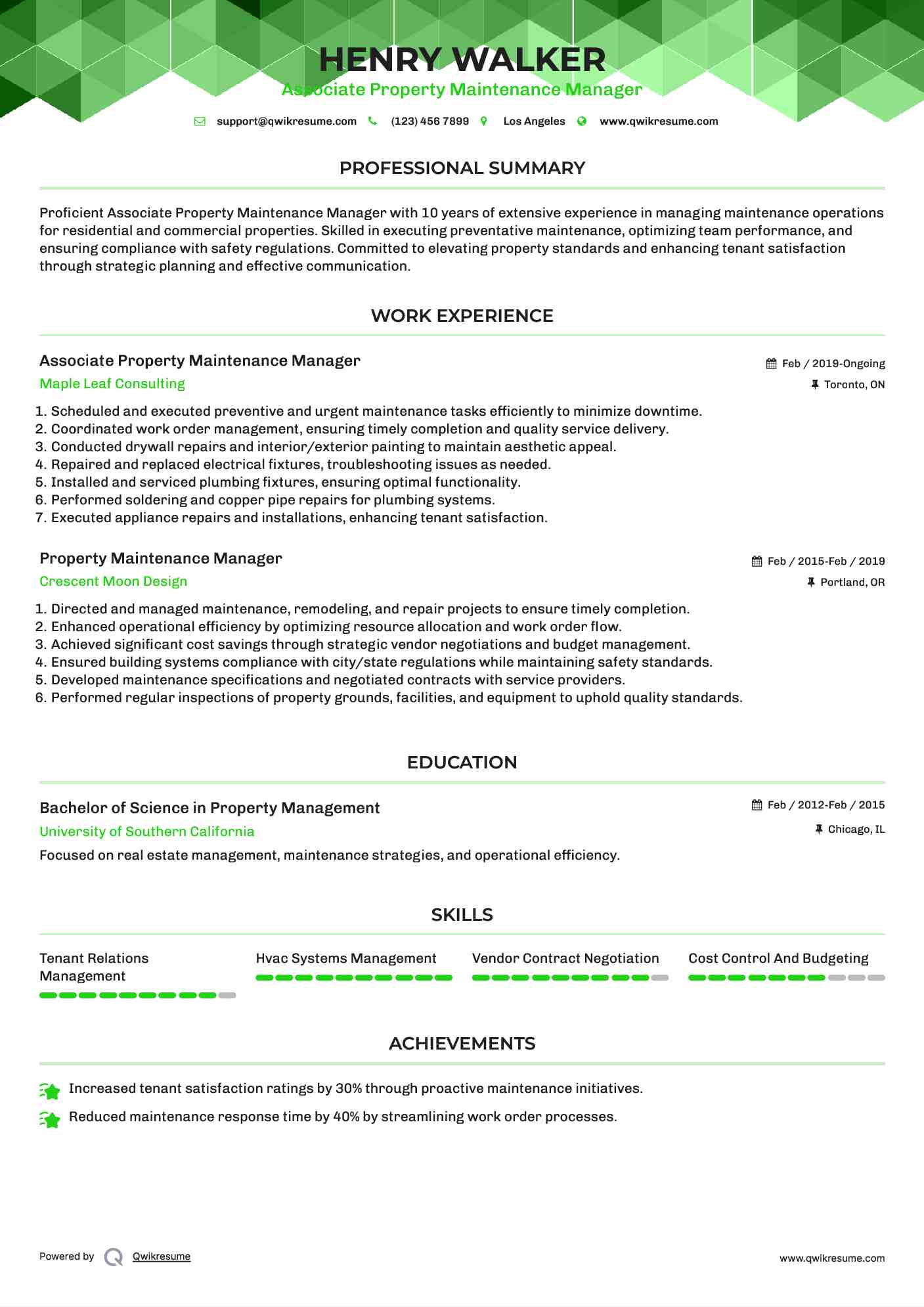 Associate Property Maintenance Manager Resume Example