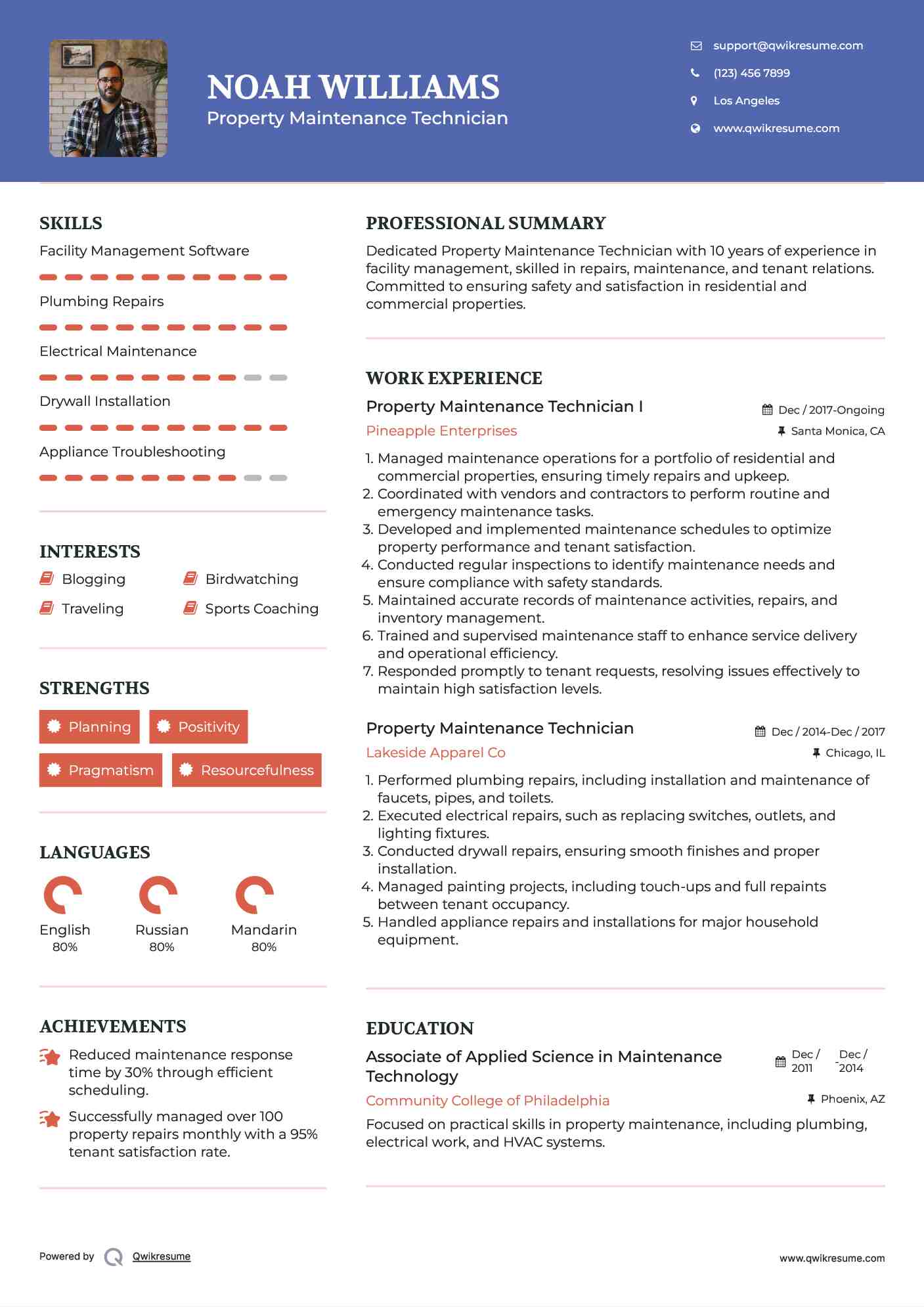 Property Maintenance Technician I Resume Template