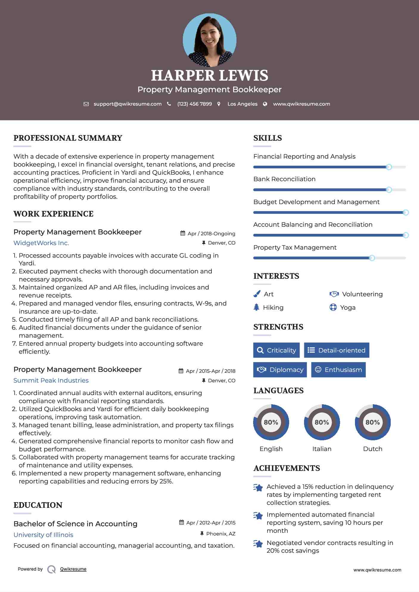 Property Management Bookkeeper Resume Template