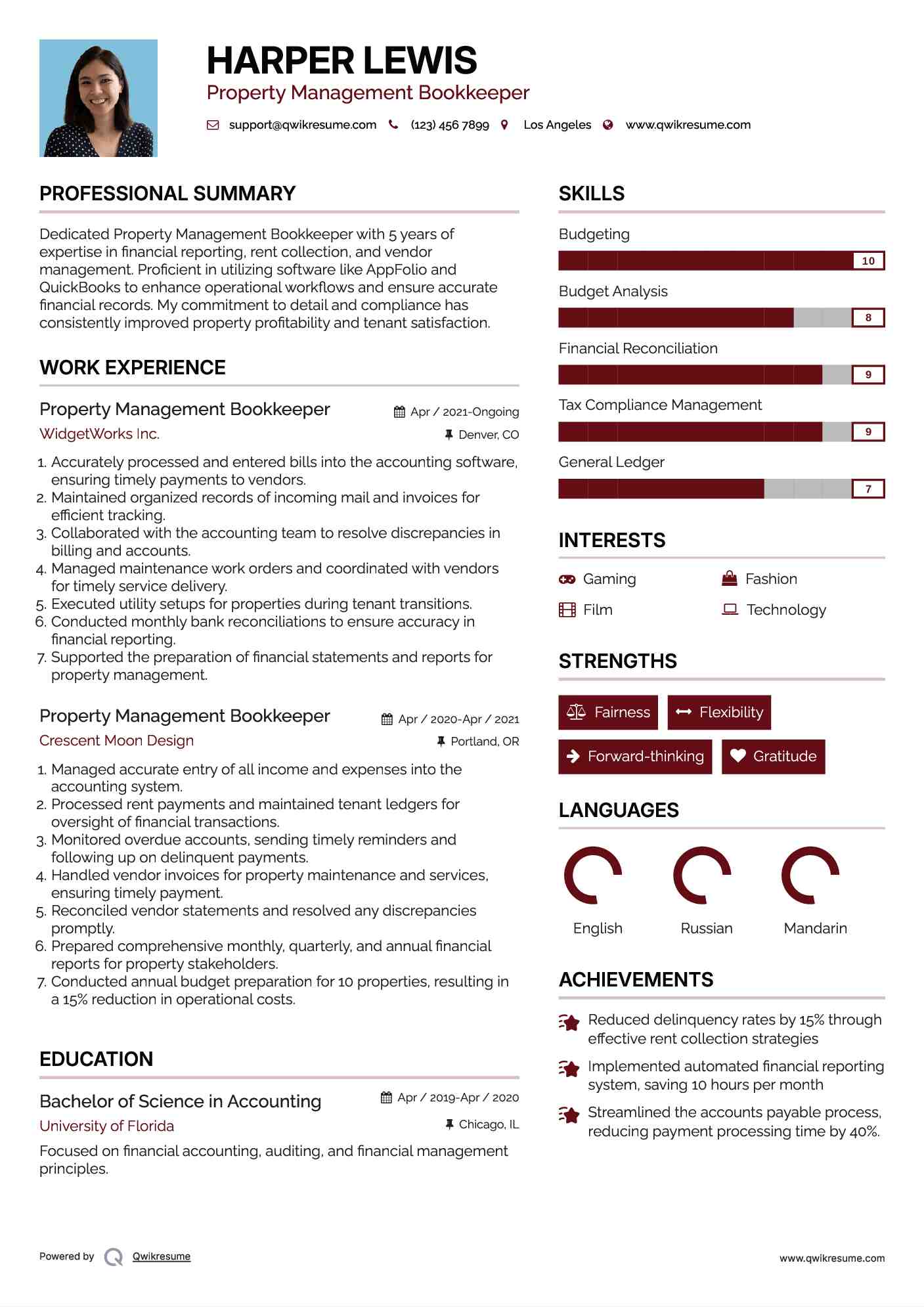 Property Management Bookkeeper Resume Model