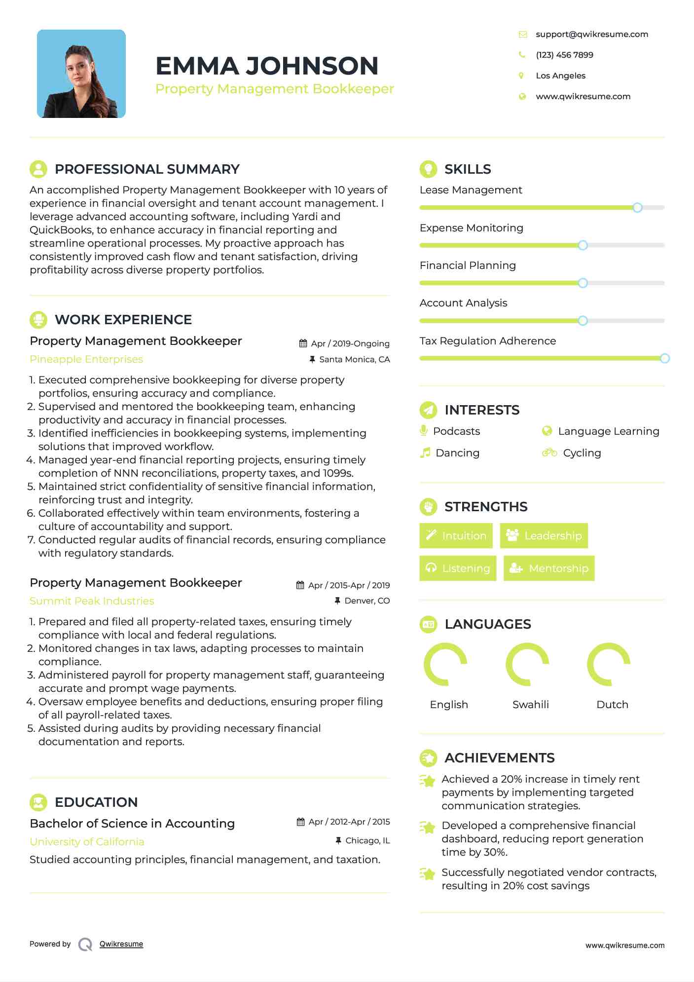 Property Management Bookkeeper Resume Template