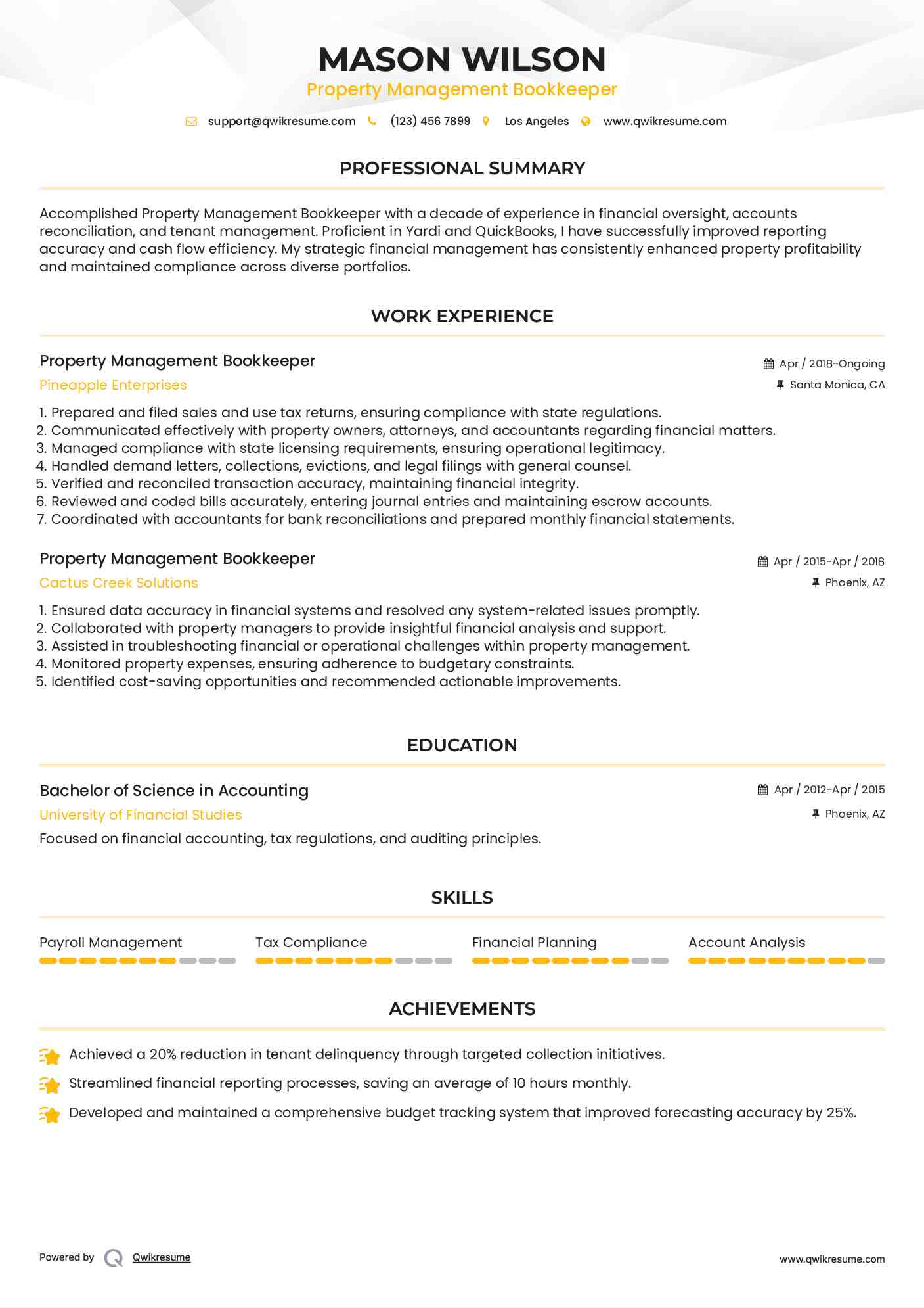 Property Management Bookkeeper Resume Example