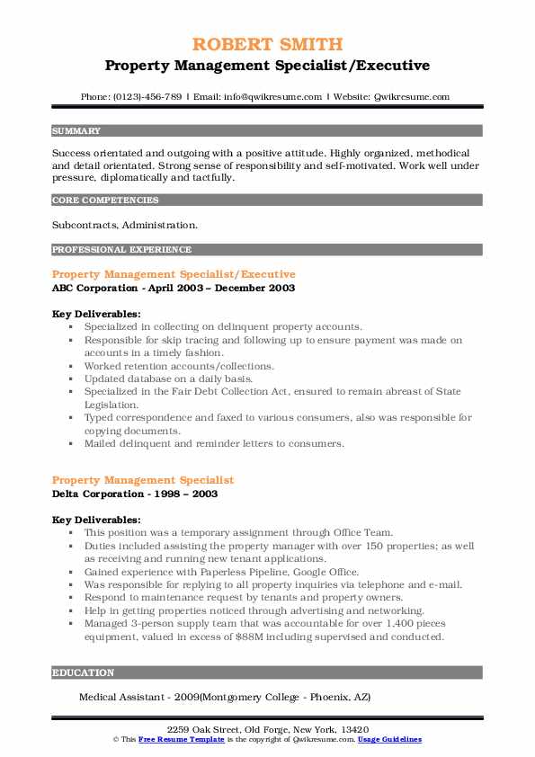 Property Management Specialist Resume Samples QwikResume