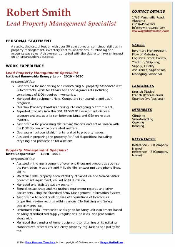Property Management Specialist Resume Samples QwikResume