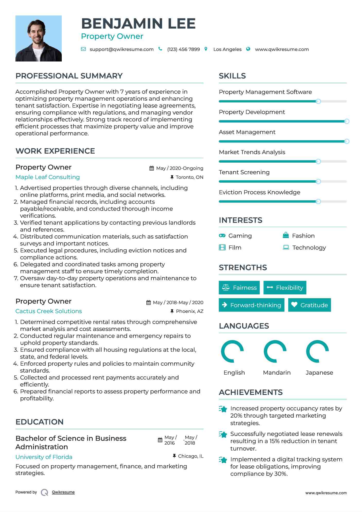 Property Owner Resume Sample