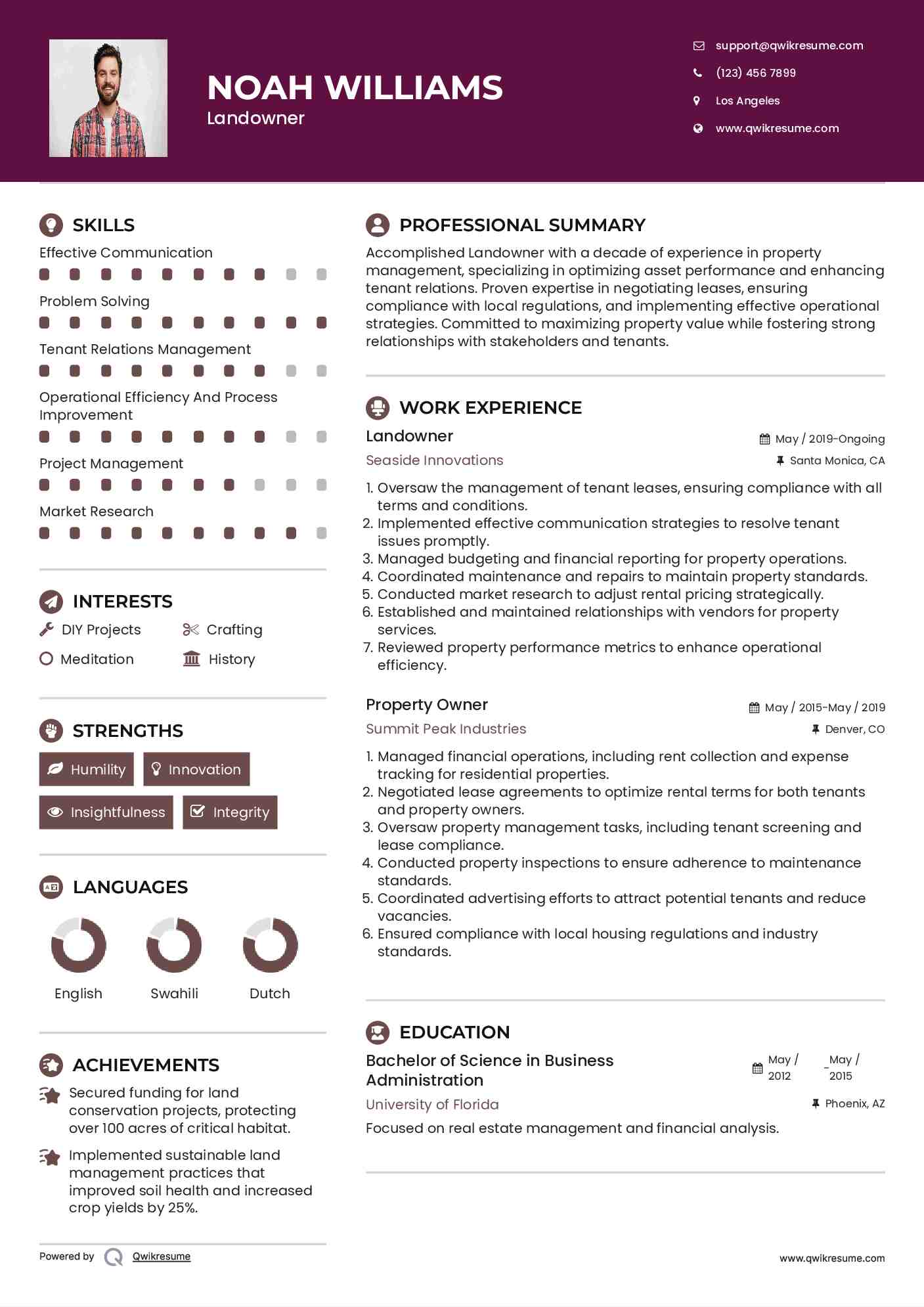 Landowner Resume Example