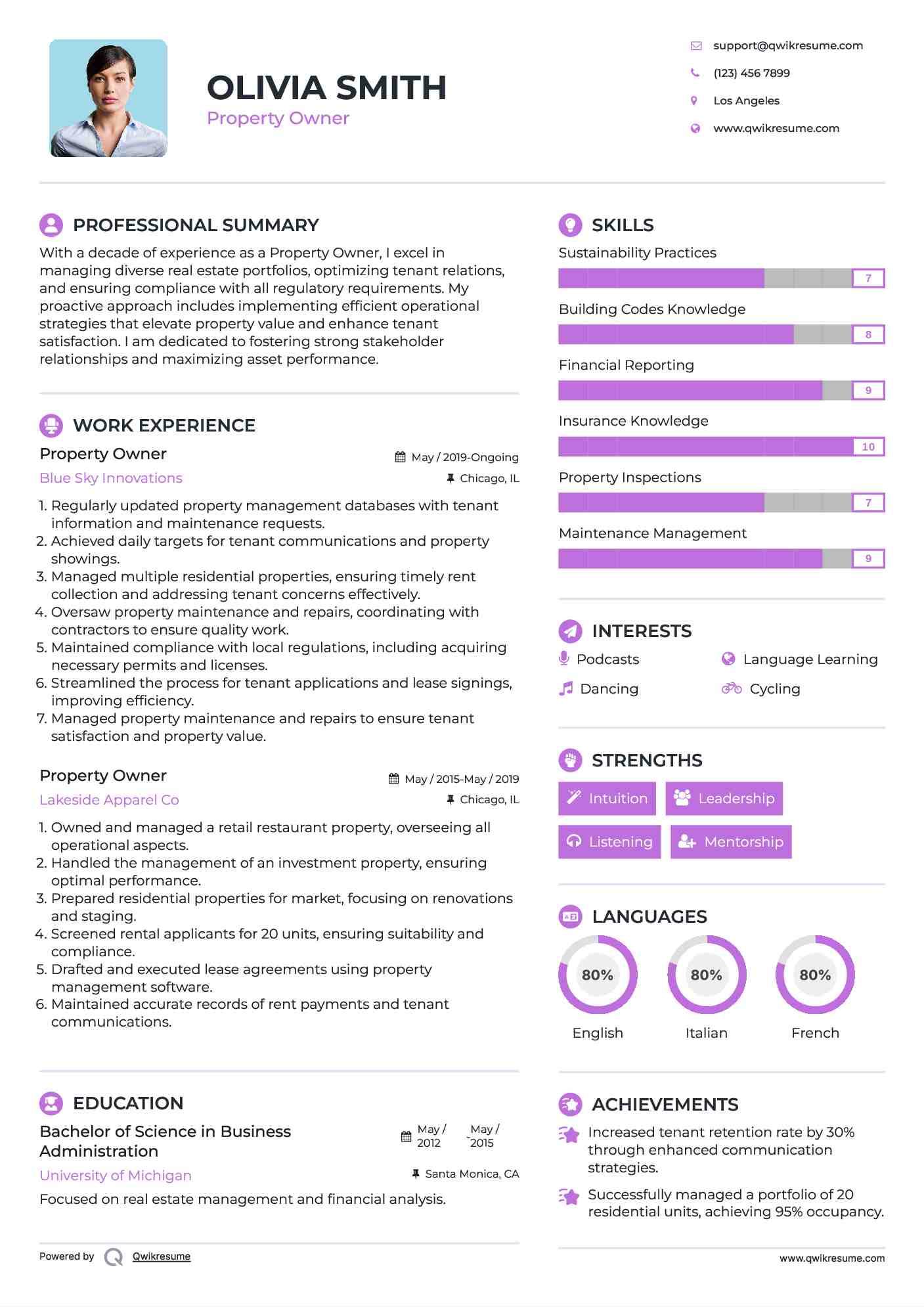 Property Owner Resume Example