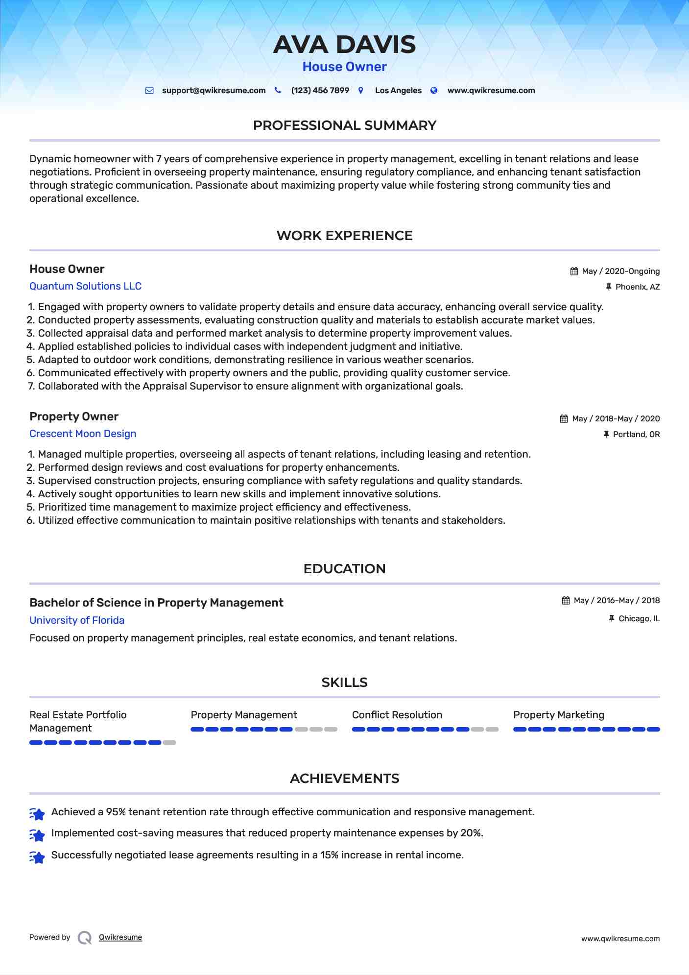 House Owner Resume Example