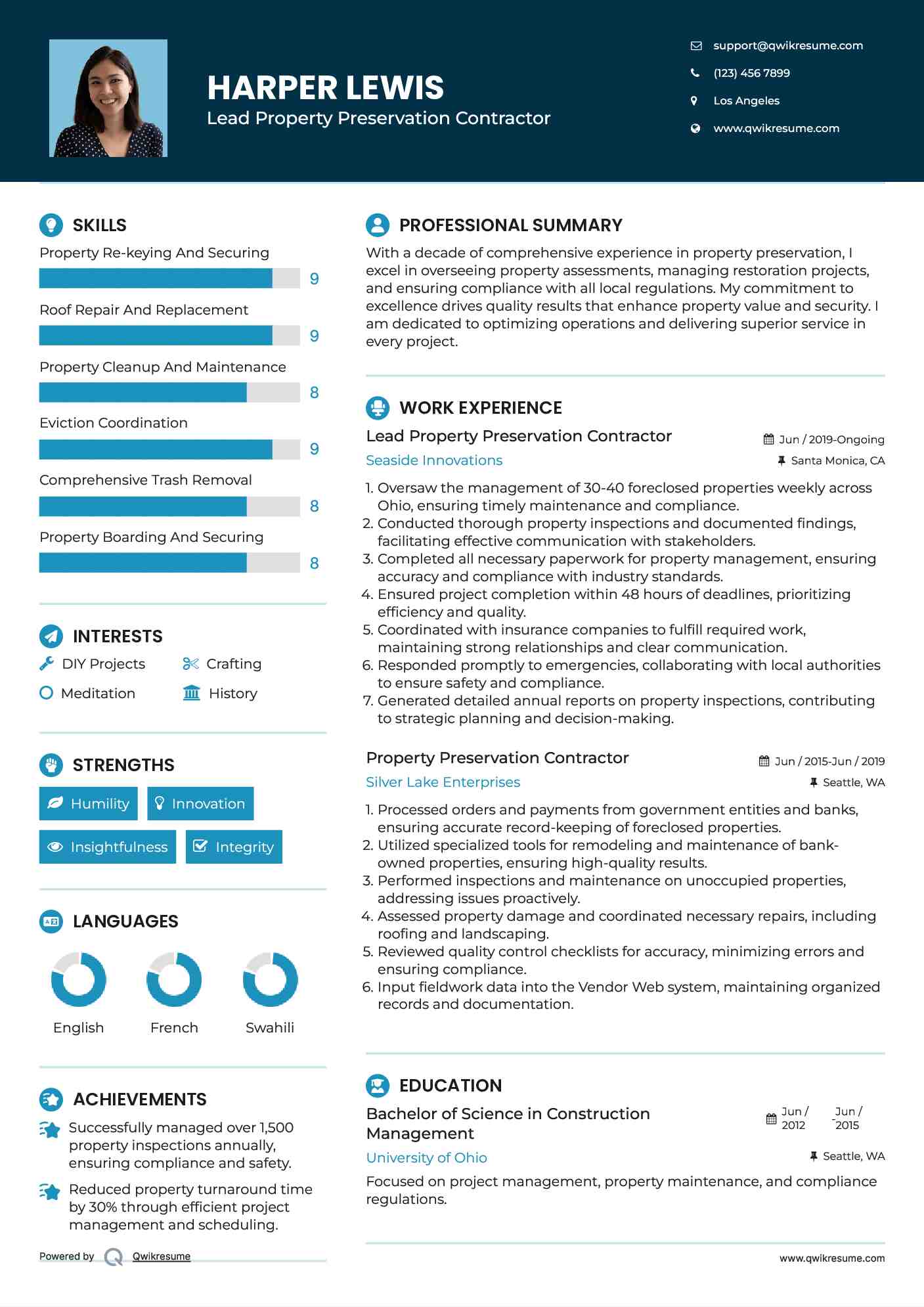 Lead Property Preservation Contractor
 Resume Example
