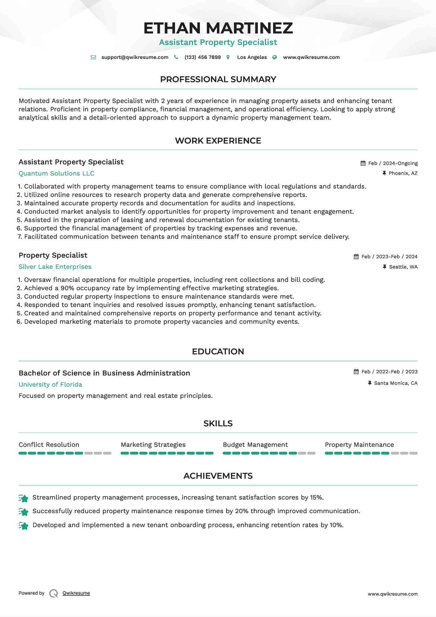 Assistant Property Specialist  Resume Example