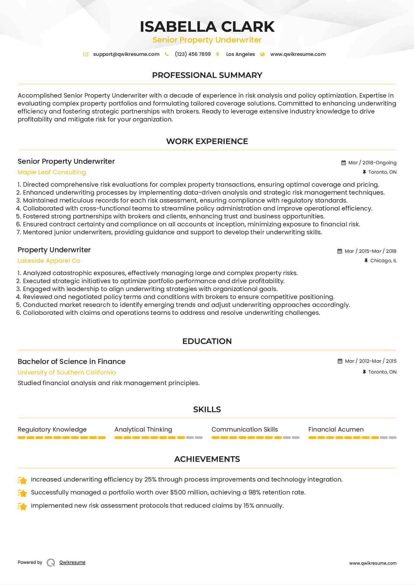 Senior Property Underwriter Resume Model