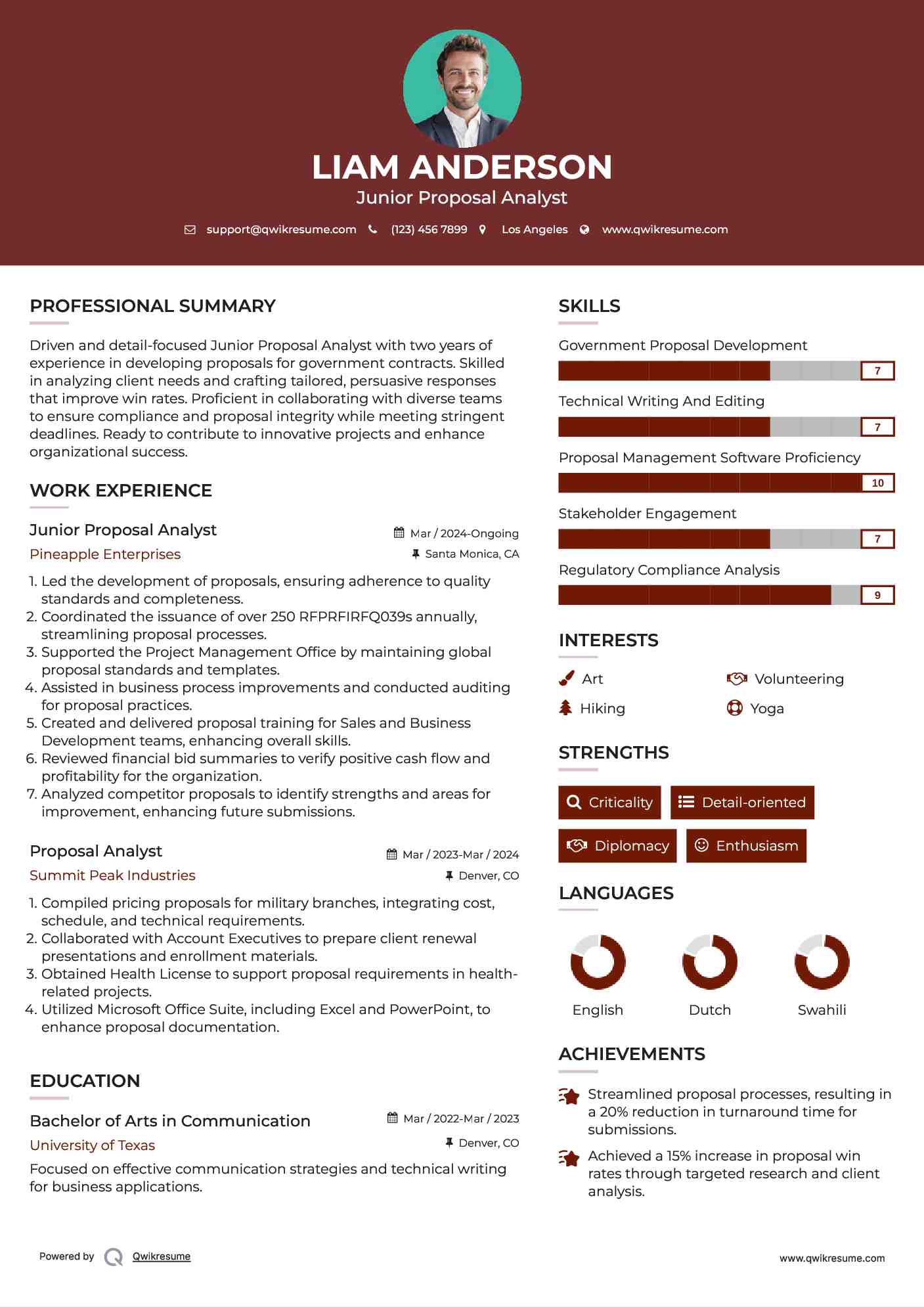 Junior Proposal Analyst Resume Sample