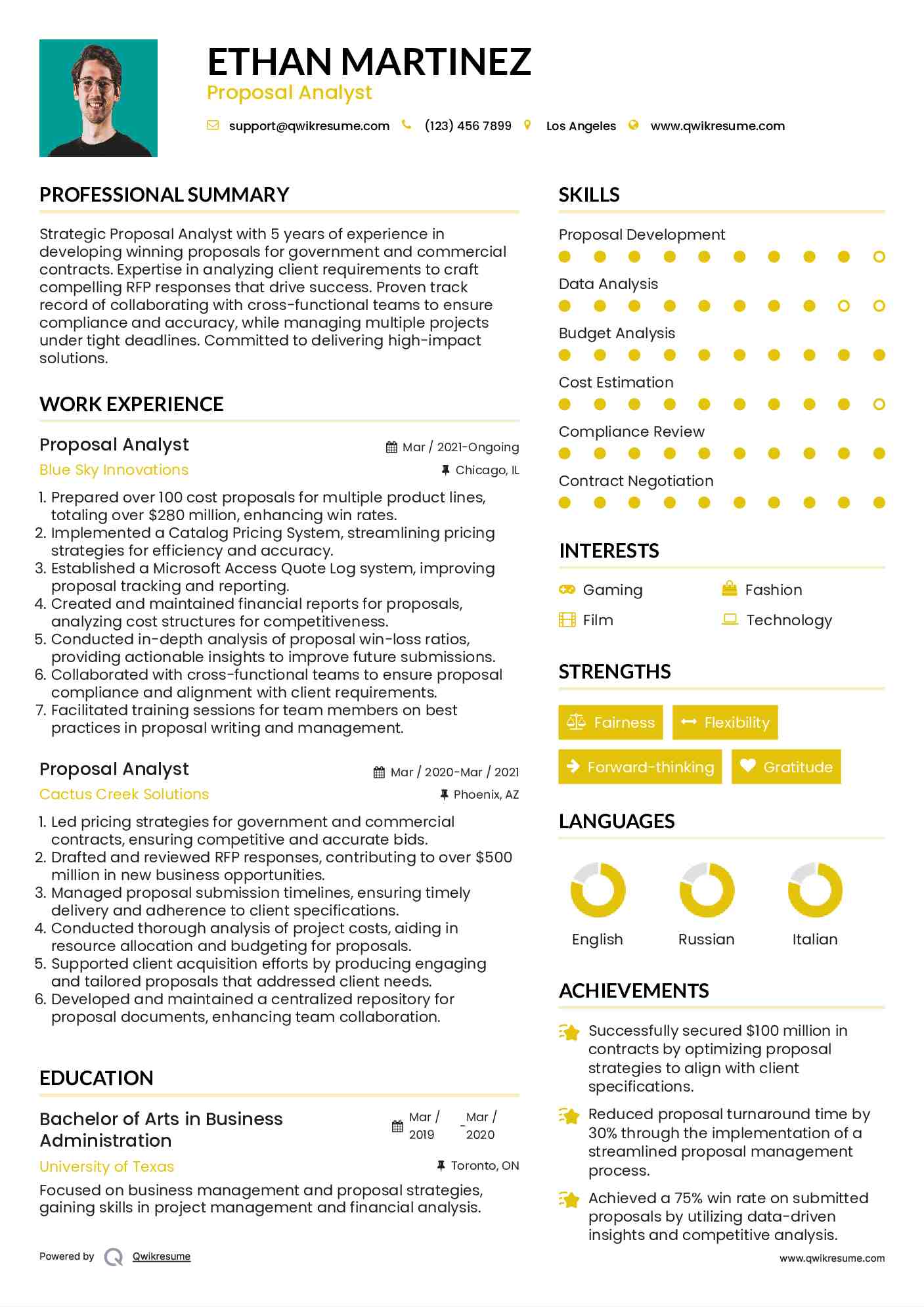 Proposal Analyst Resume Sample