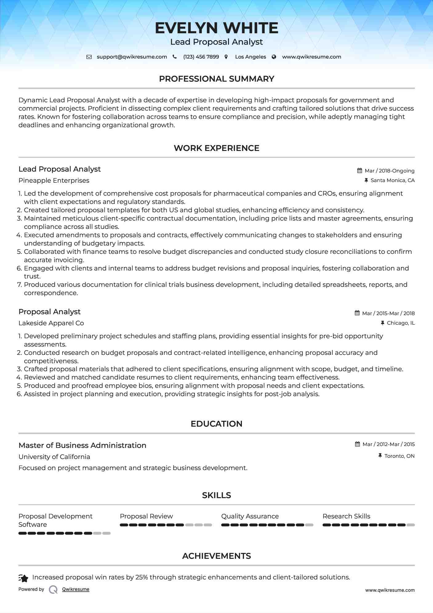Lead Proposal Analyst Resume Sample