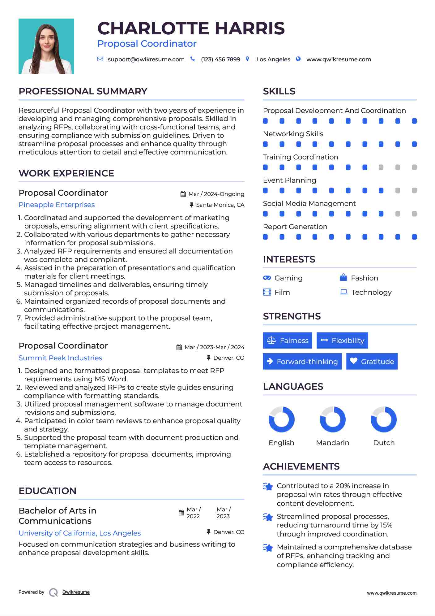 Proposal Coordinator Resume Sample