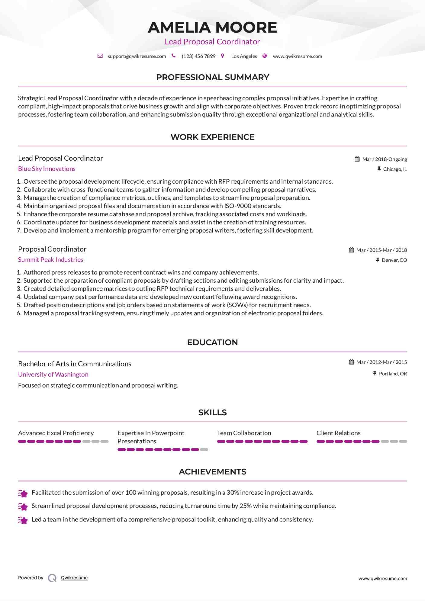 Lead Proposal Coordinator Resume Model
