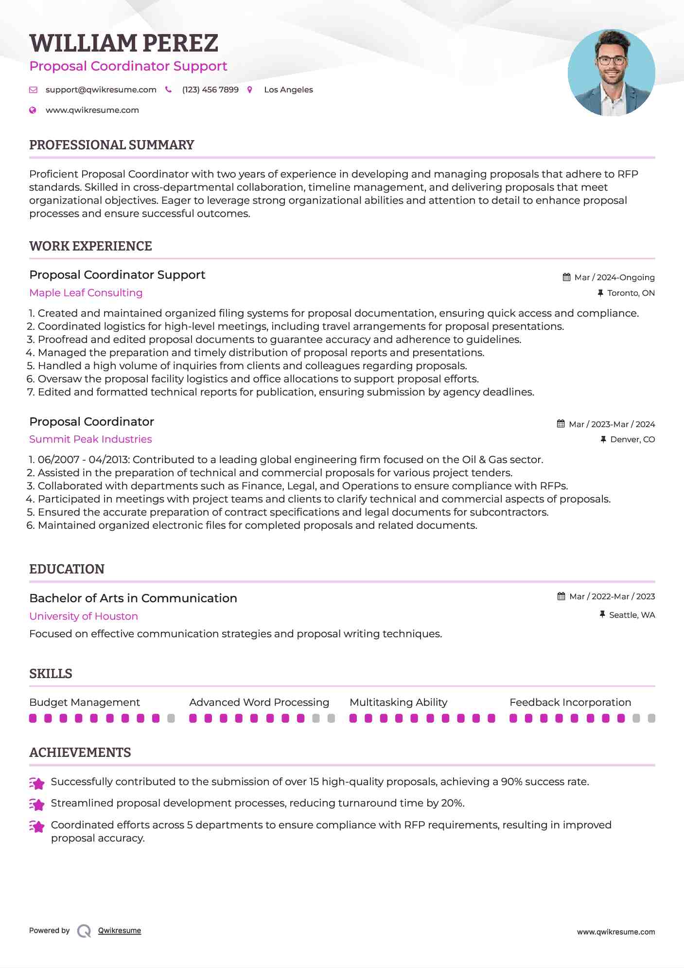 Proposal Coordinator Support Resume Template