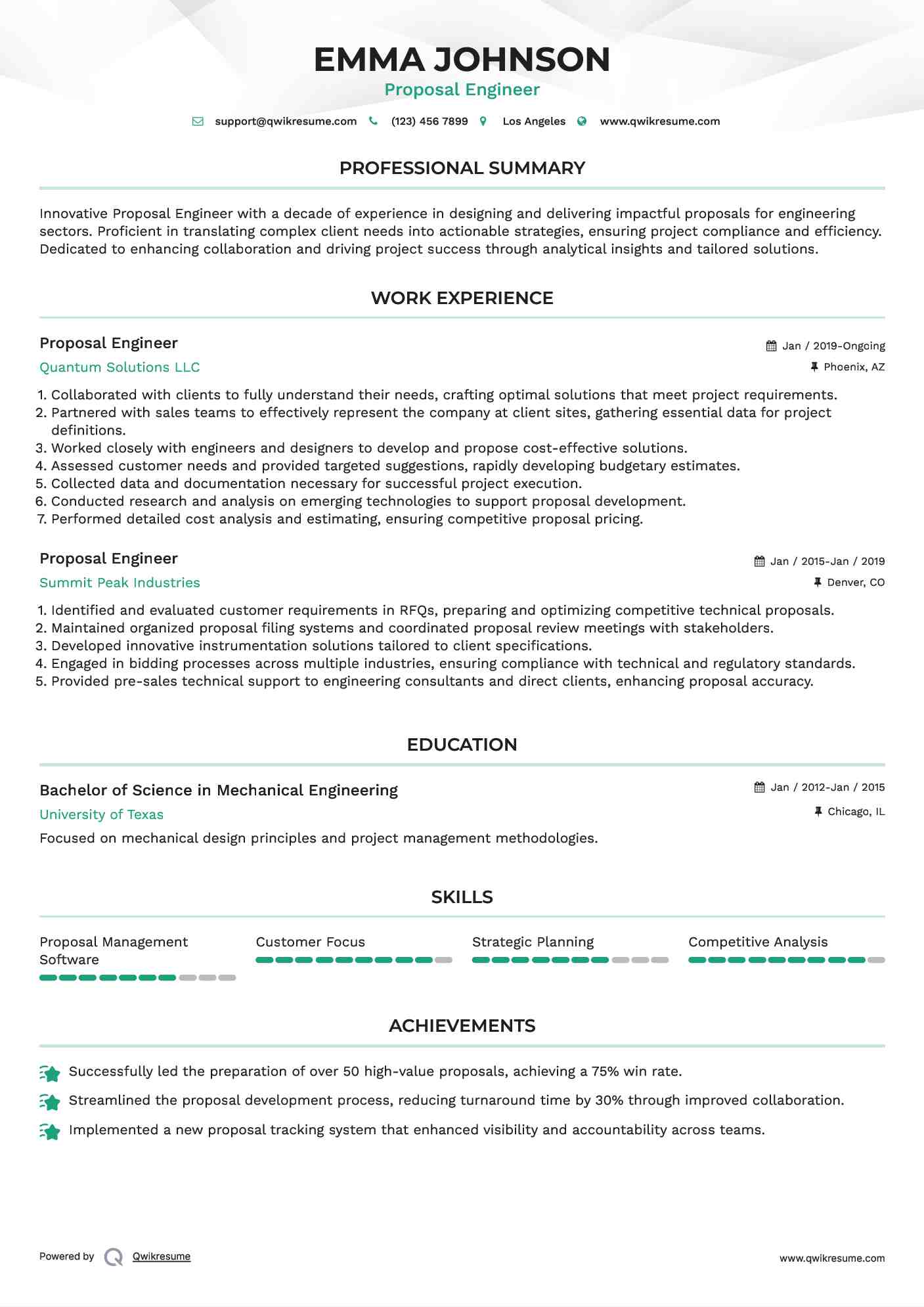 Proposal Engineer Resume Model