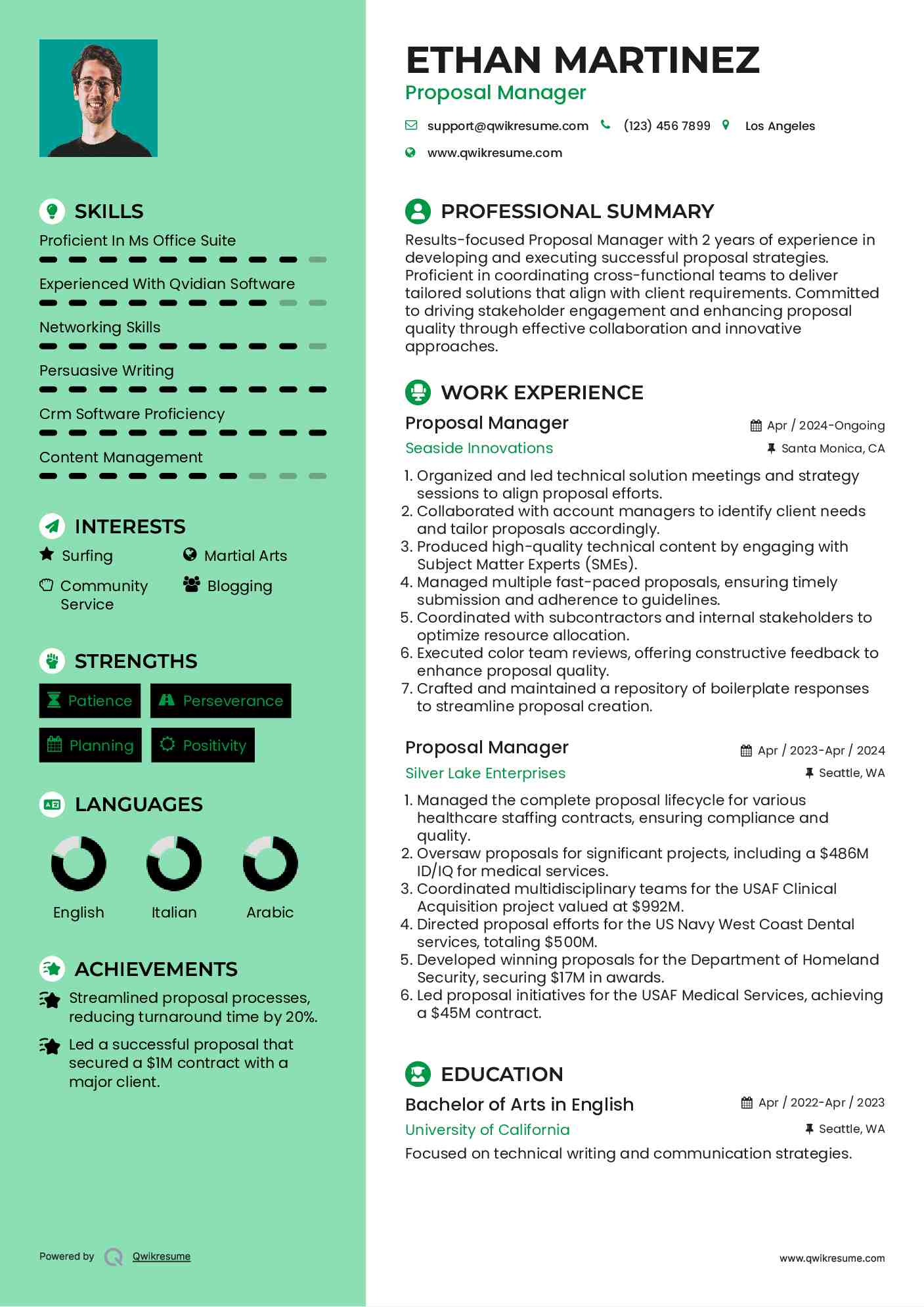 Proposal Manager Resume Sample