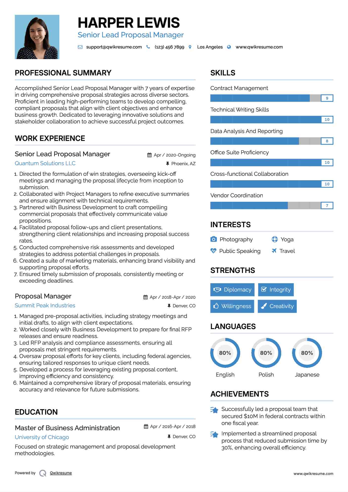 Senior Lead Proposal Manager Resume Sample