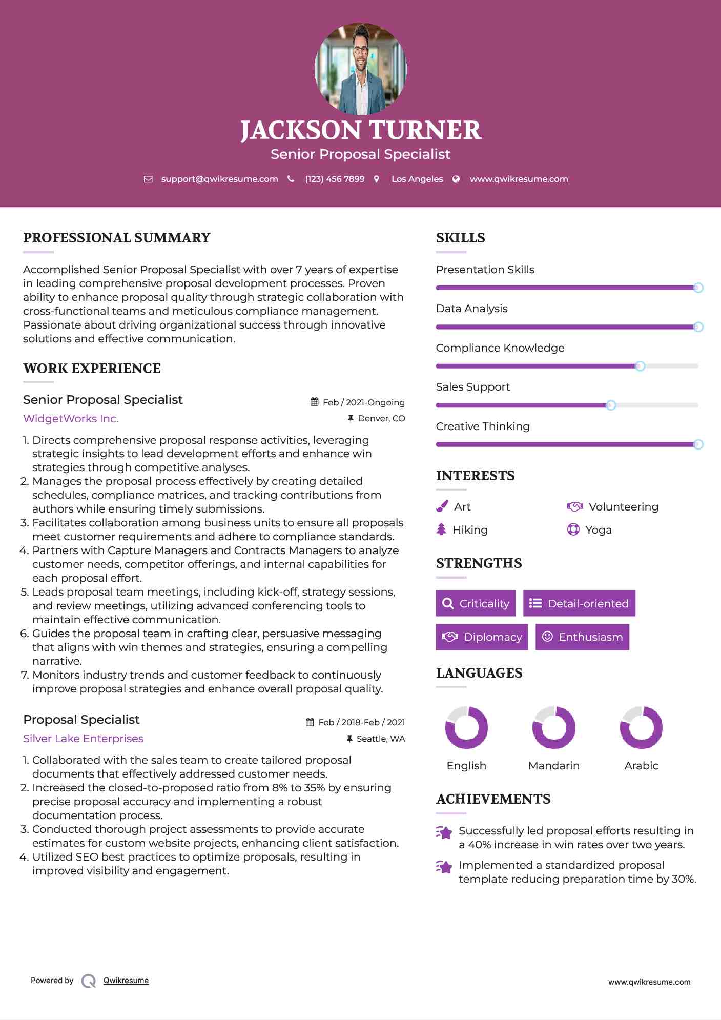 Senior Proposal Specialist Resume Model