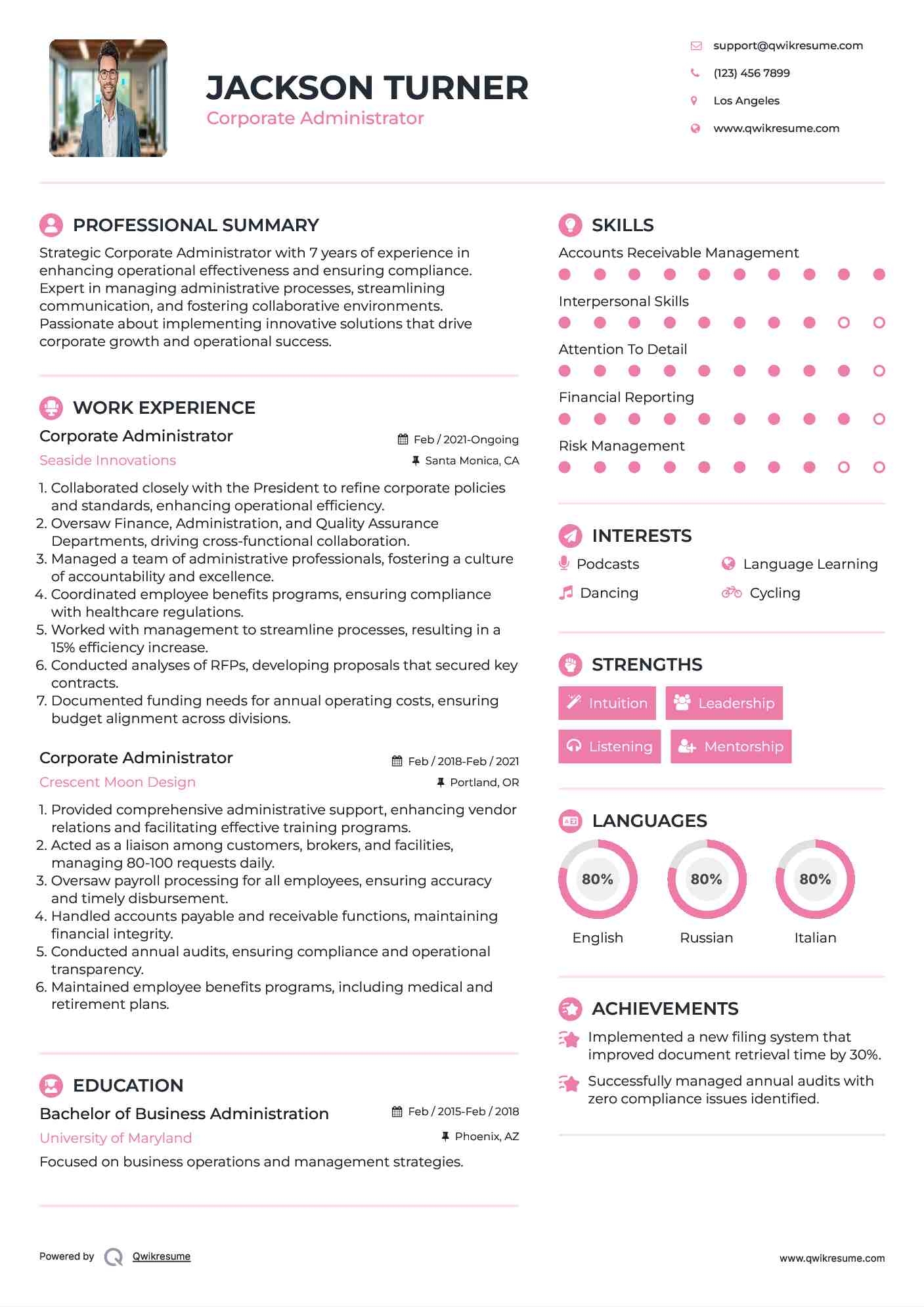 Corporate Administrator Resume Sample