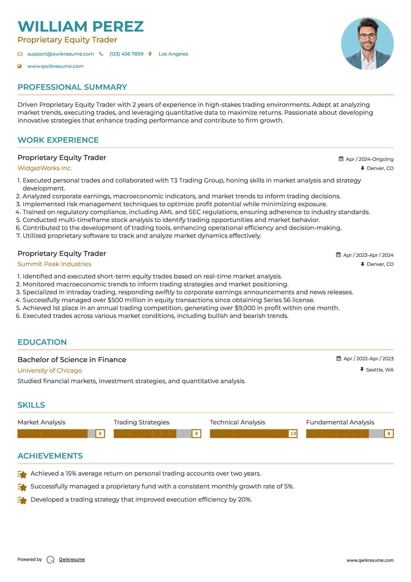 Proprietary Equity Trader Resume Model