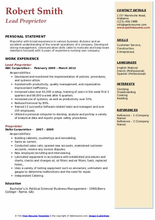 Proprietor Resume Samples QwikResume