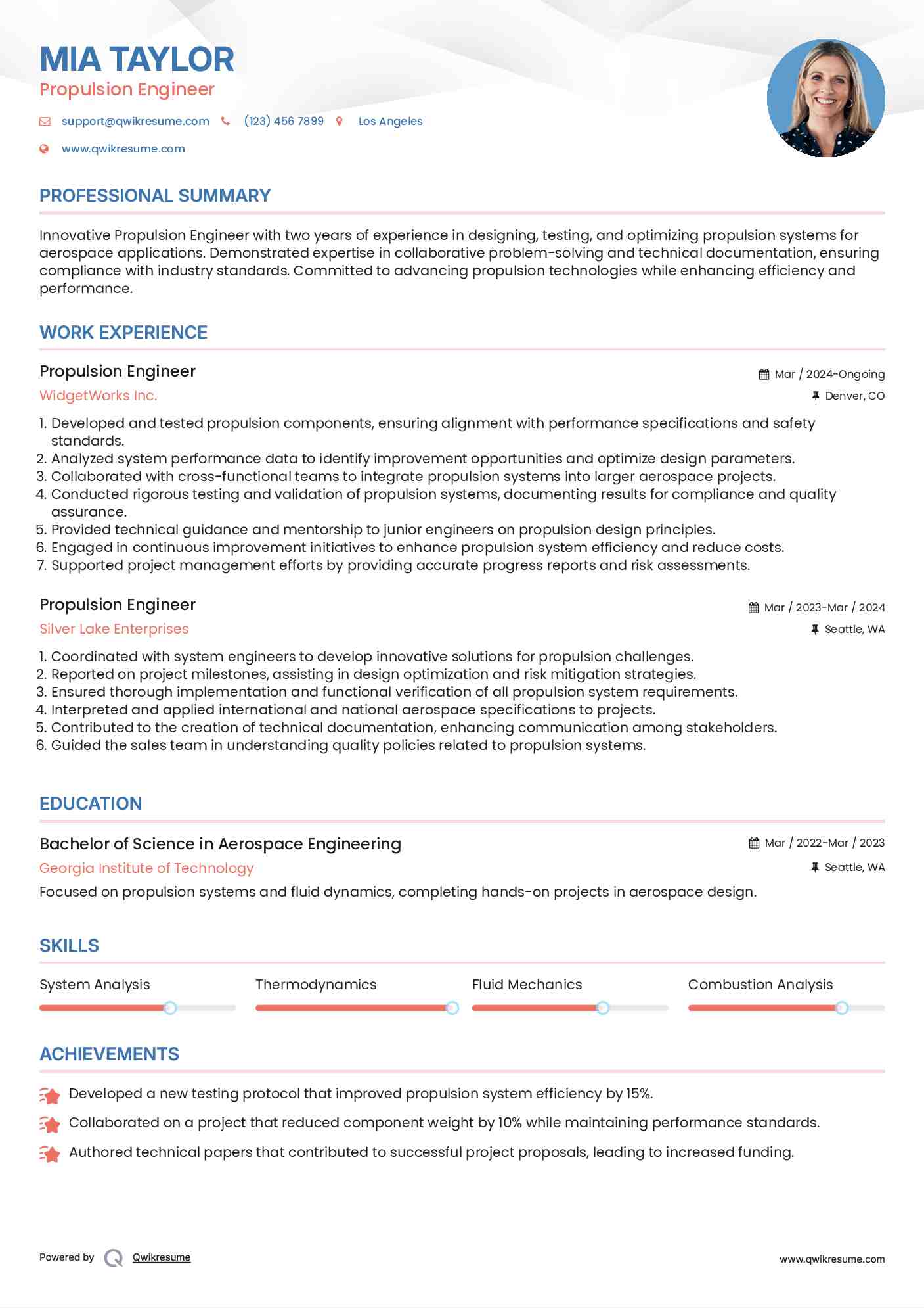 Propulsion Engineer Resume Sample