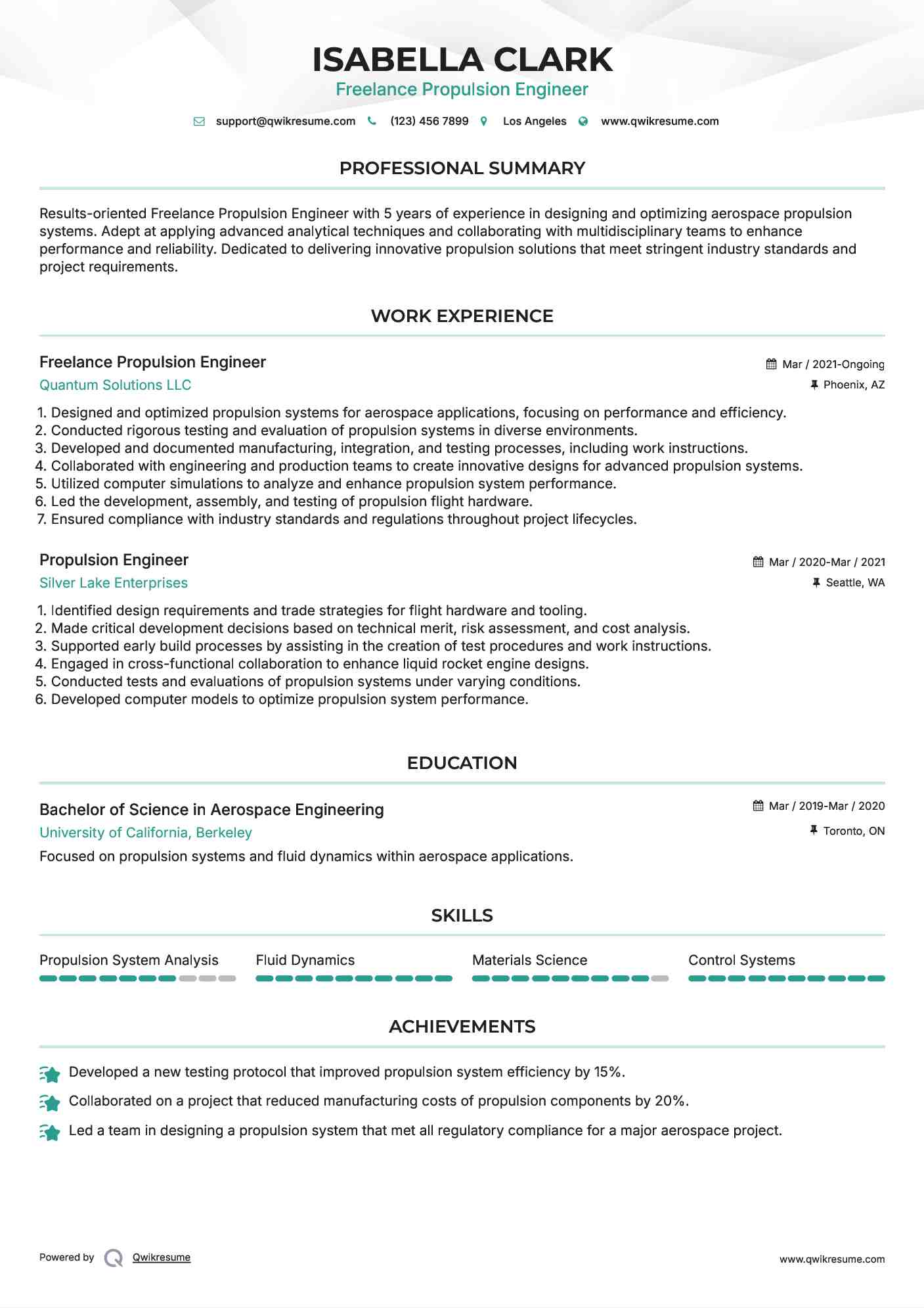 Freelance Propulsion Engineer Resume Model
