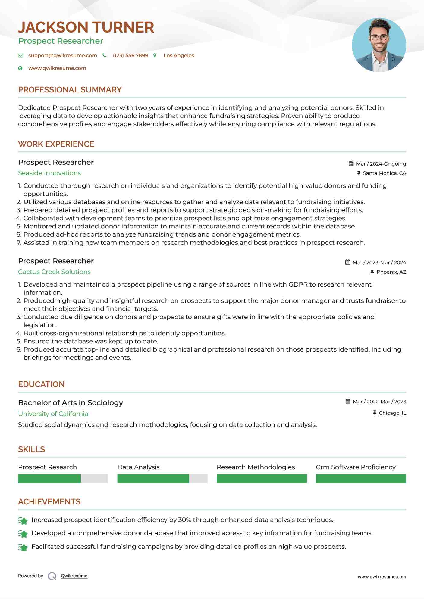 Prospect Researcher Resume Sample