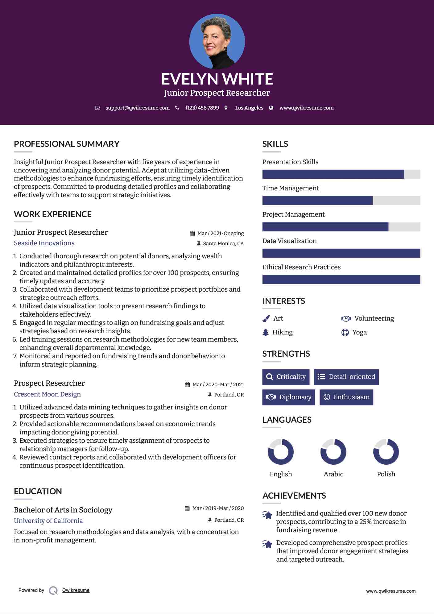Junior Prospect Researcher Resume Sample