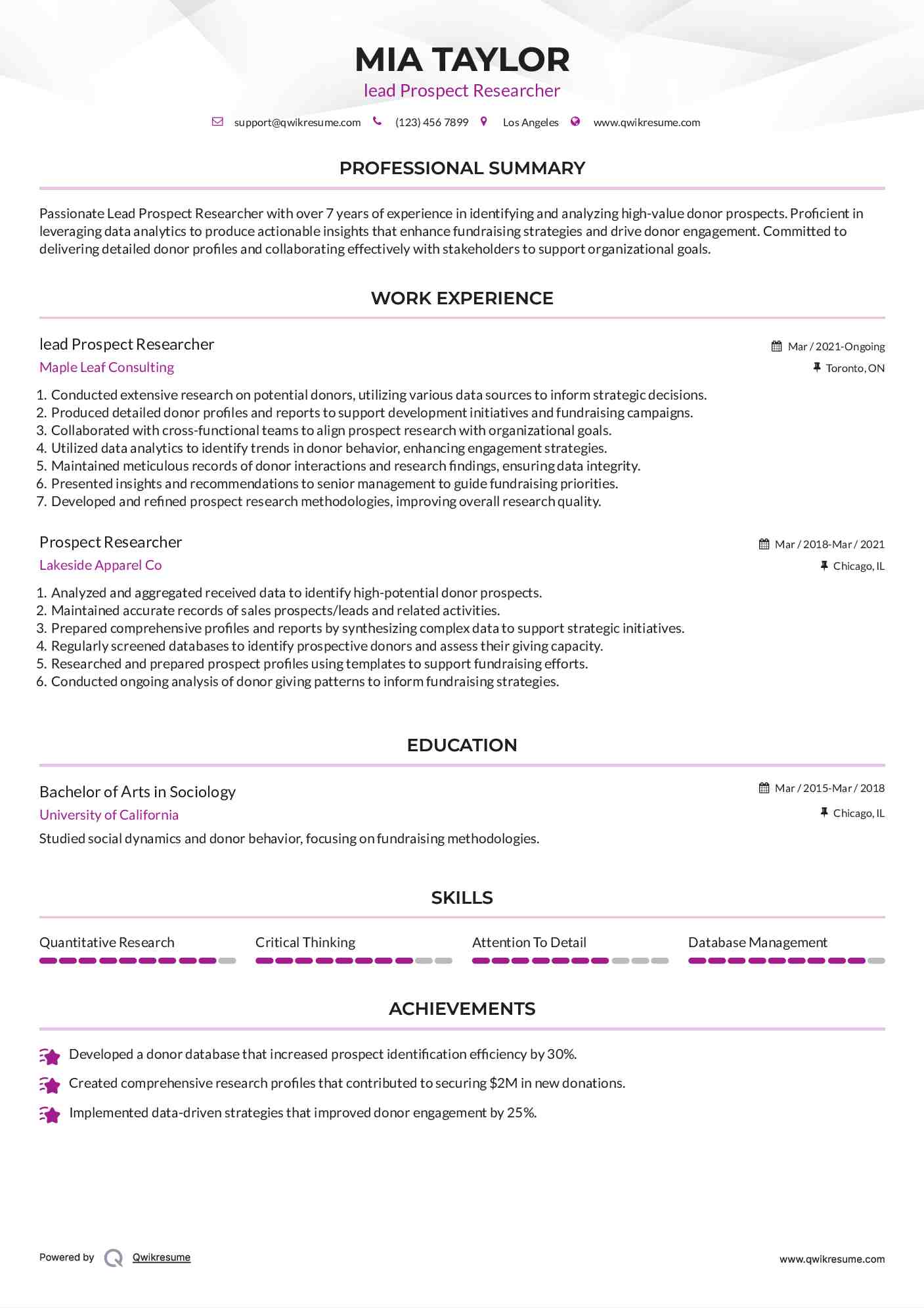 lead Prospect Researcher Resume Model