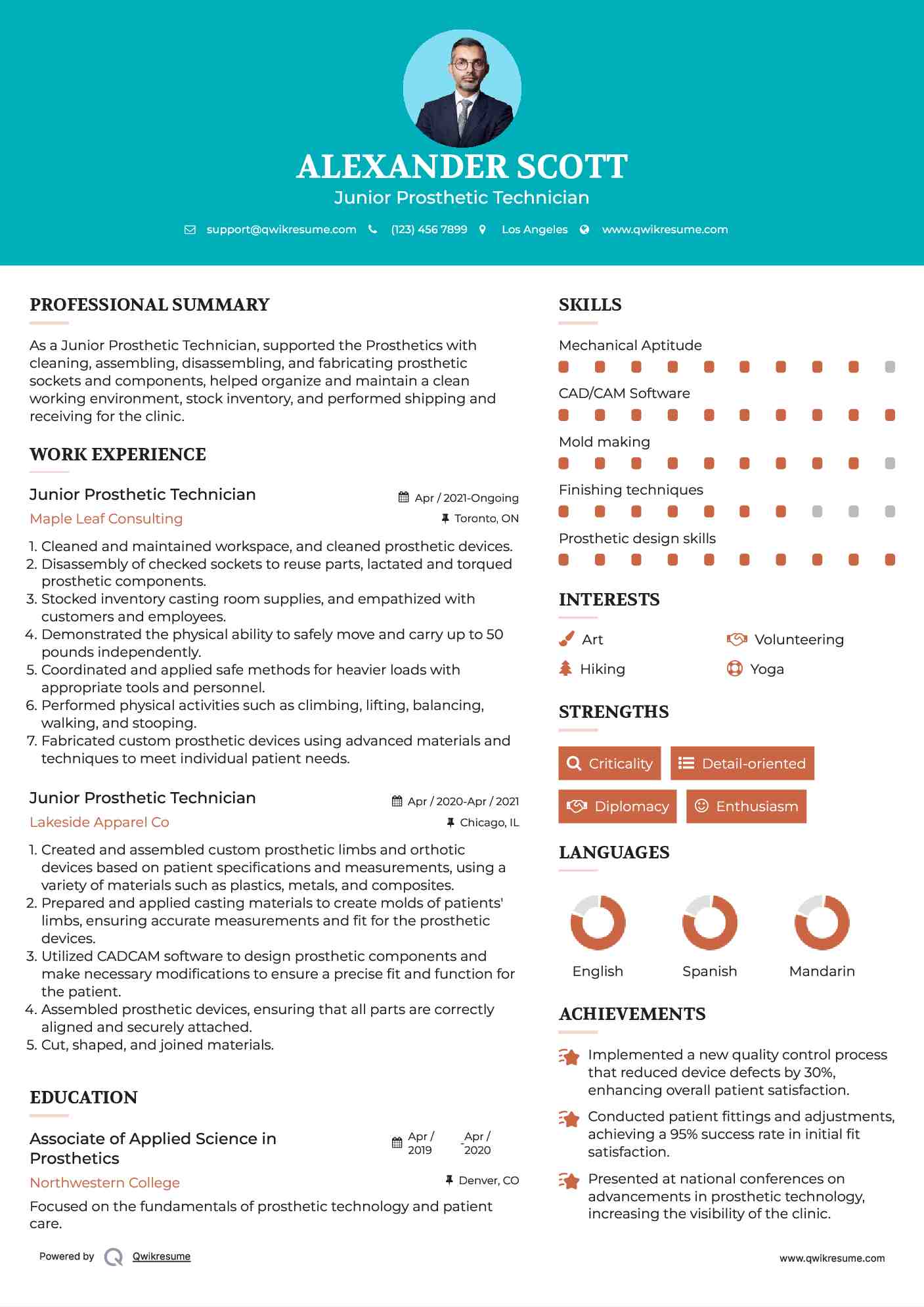 Junior Prosthetic Technician Resume Model