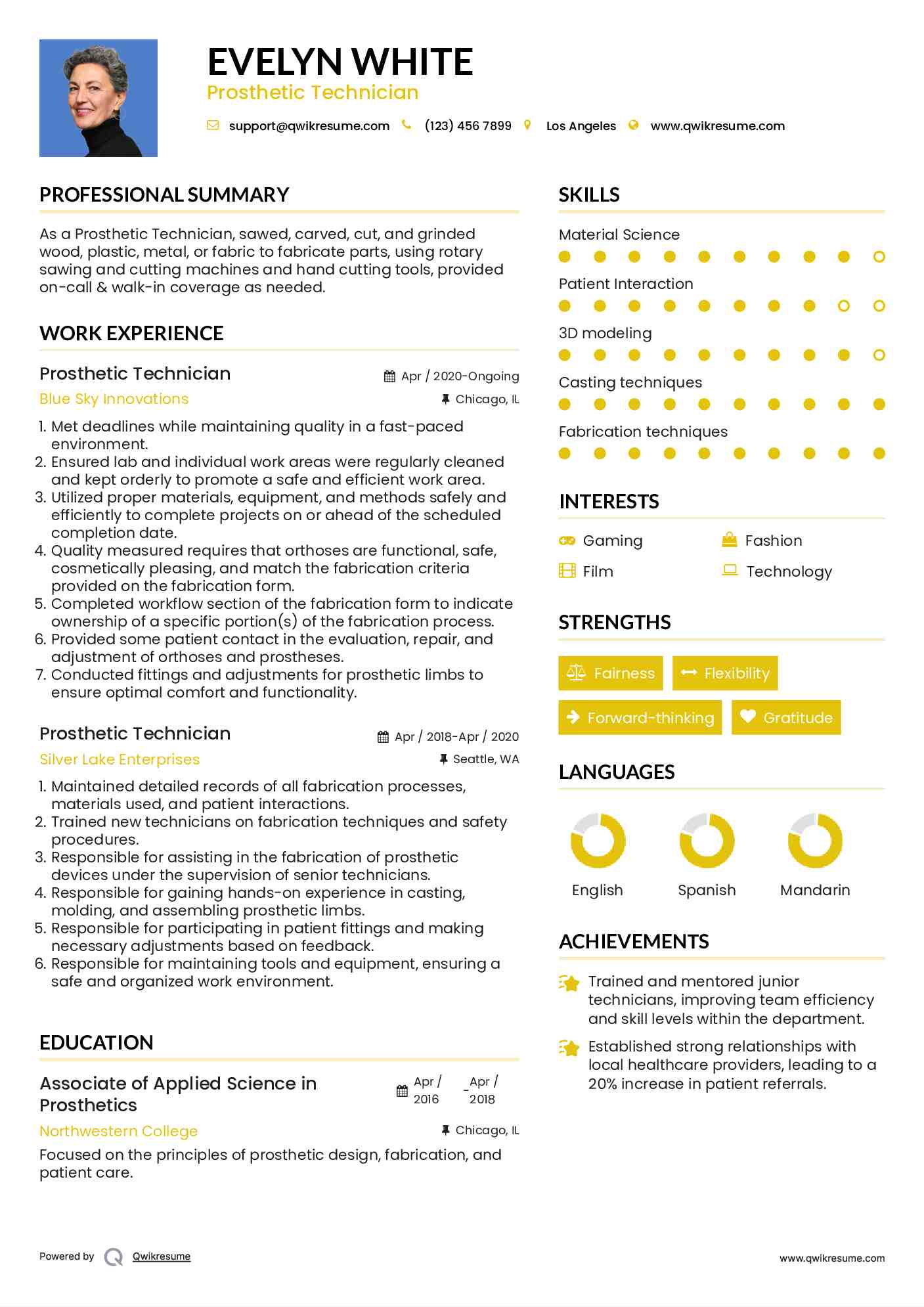 Prosthetic Technician Resume Sample