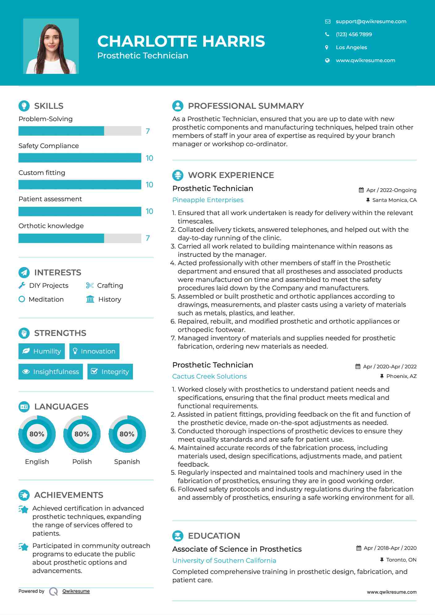 Prosthetic Technician Resume Example