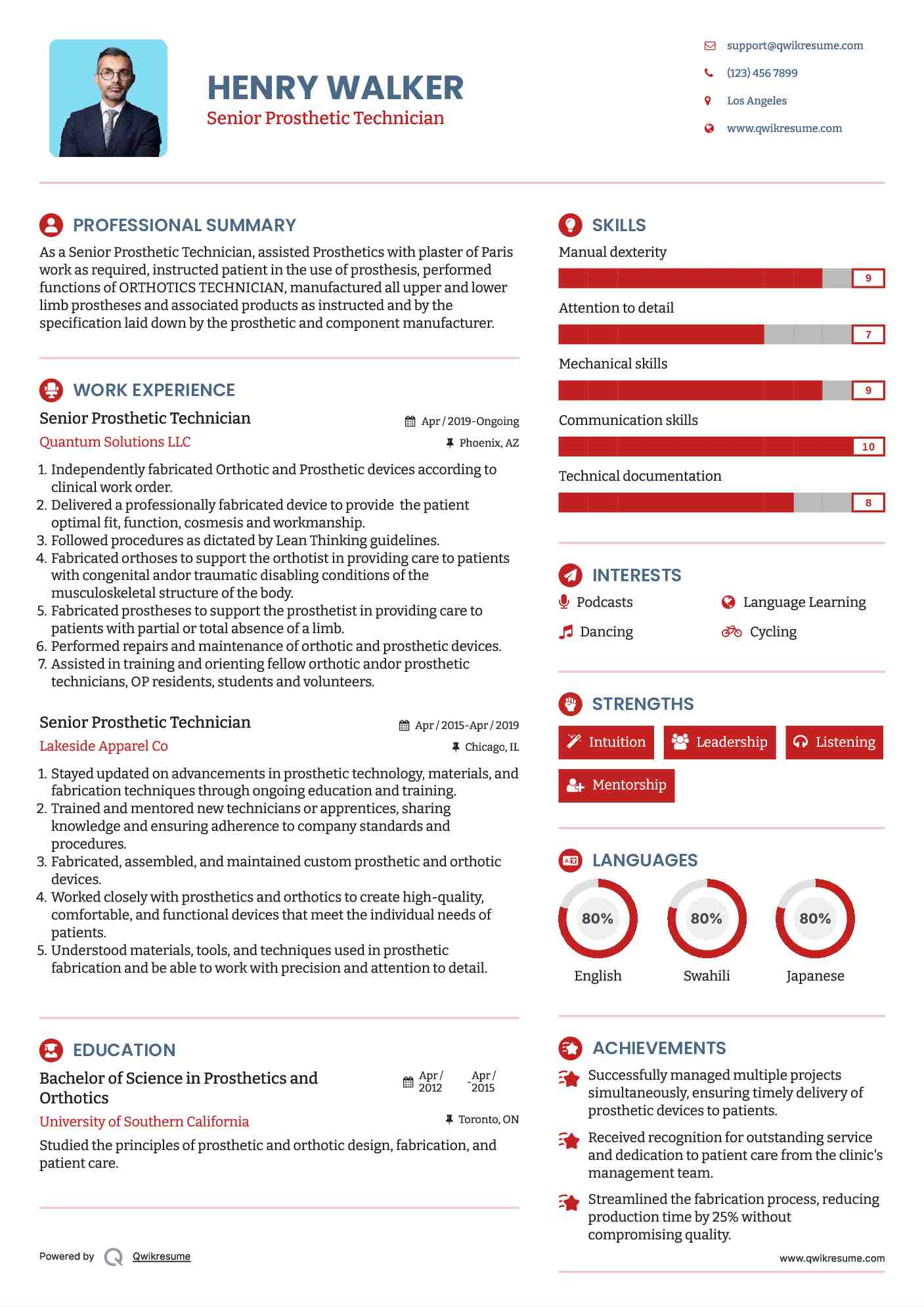 Senior Prosthetic Technician Resume Sample