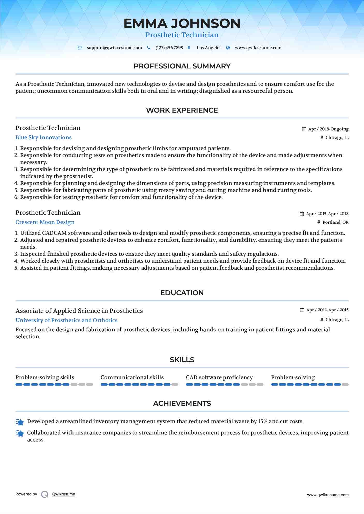 Prosthetic Technician Resume Example