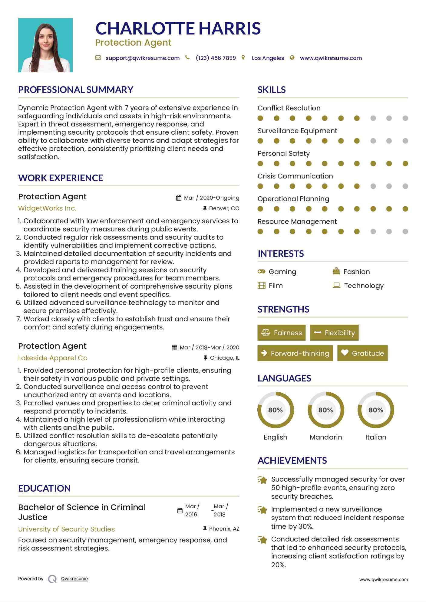 Protection Agent Resume Sample