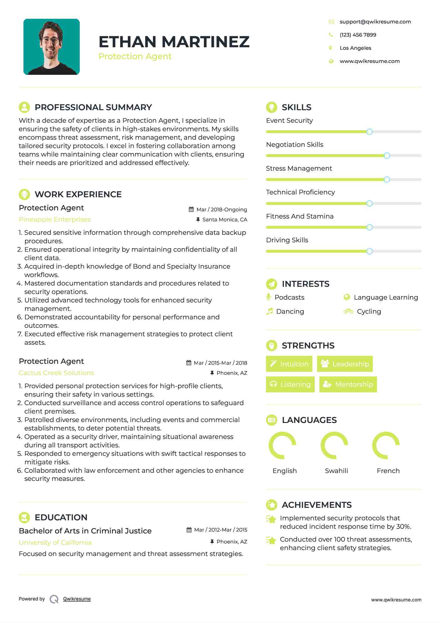 Protection Agent Resume Template