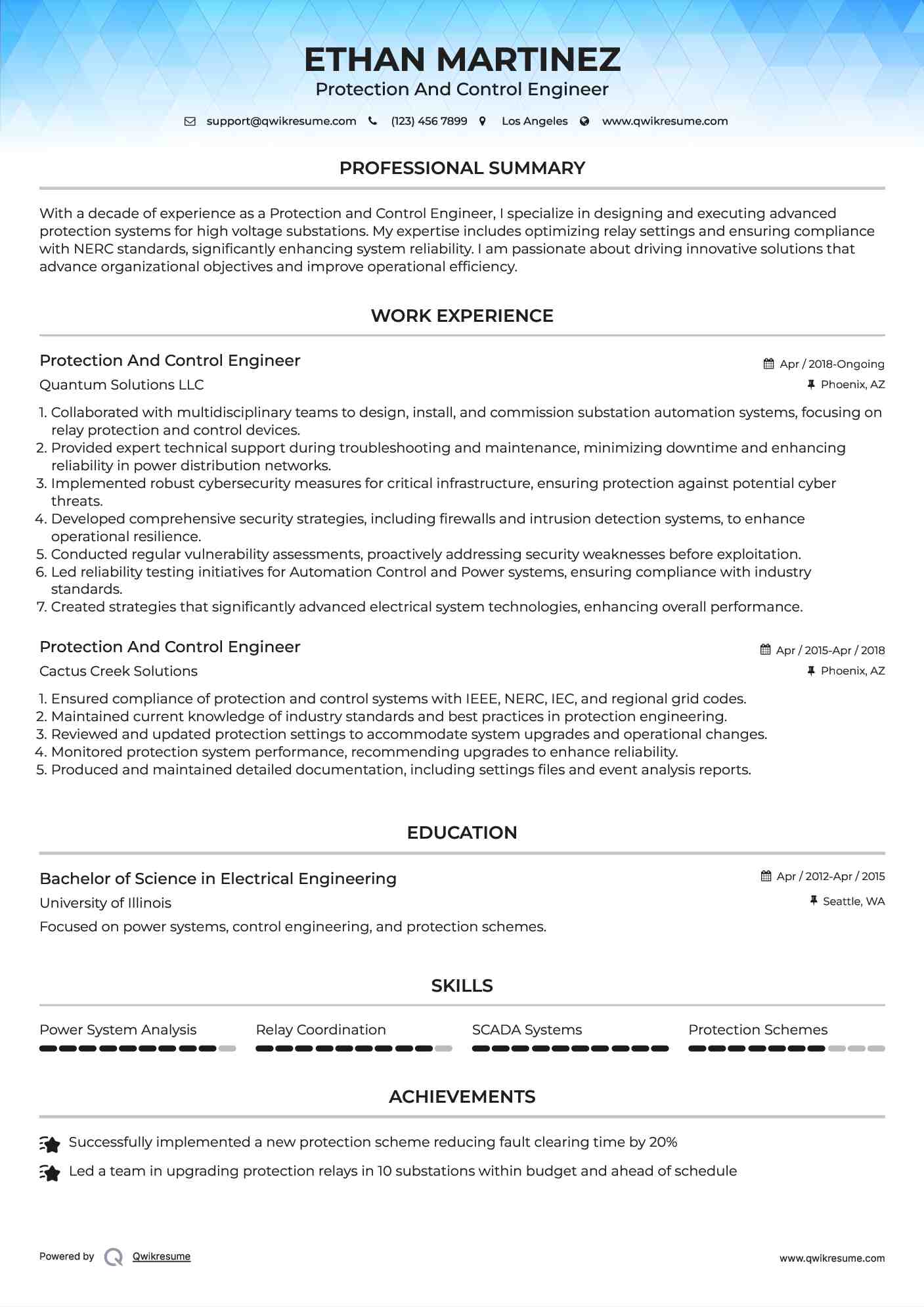 Protection And Control Engineer Resume Example