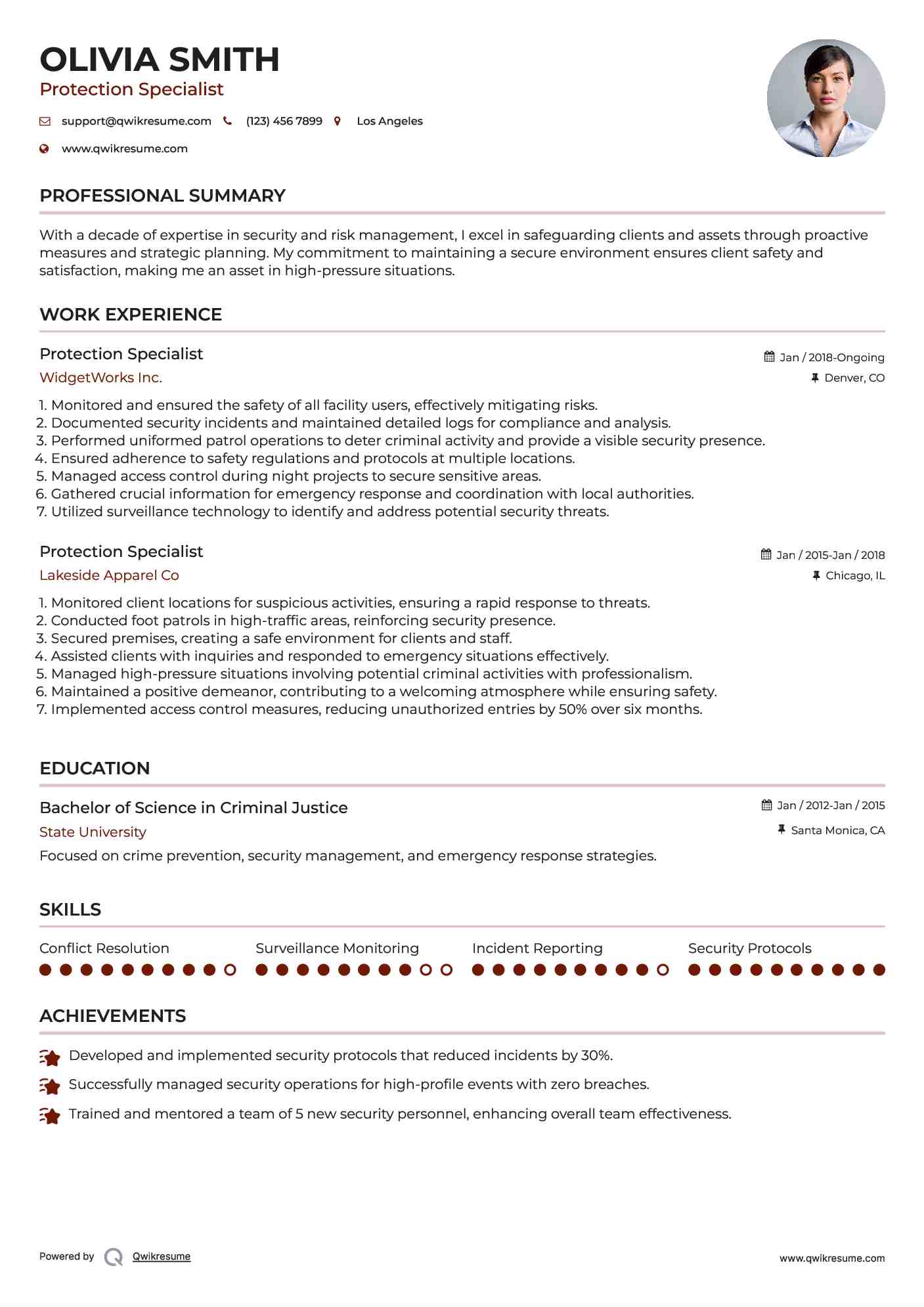 Protection Specialist Resume Example