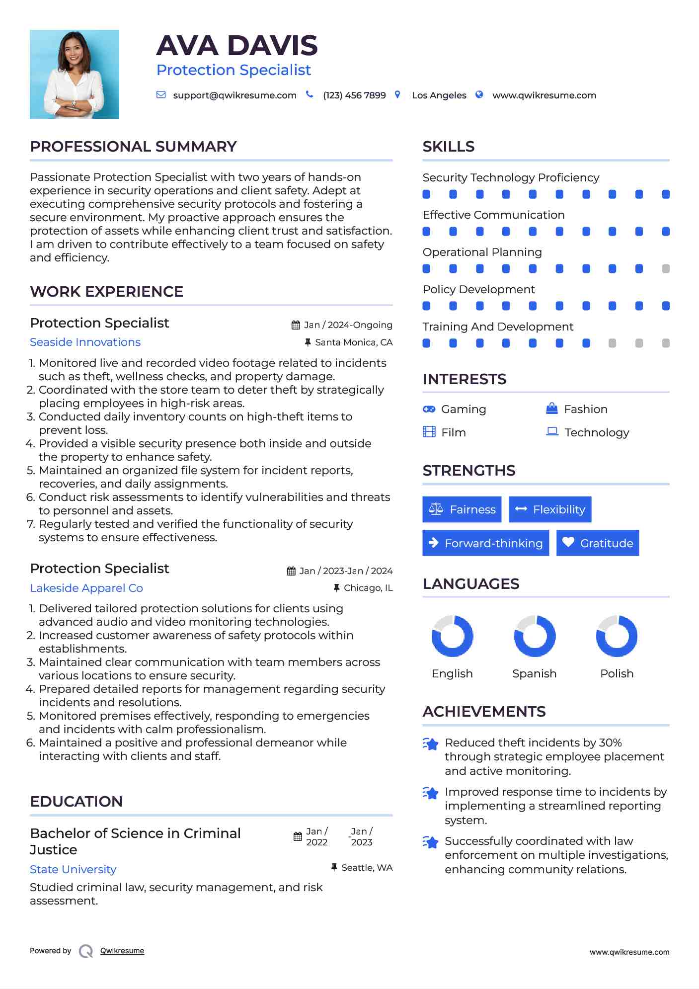 Protection Specialist Resume Example