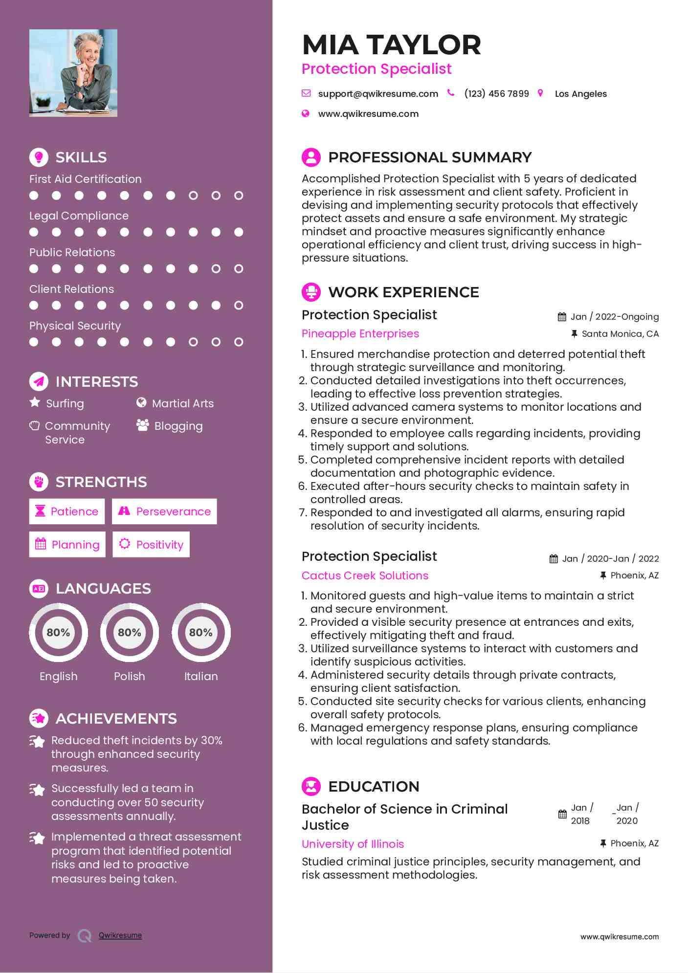 Protection Specialist Resume Model