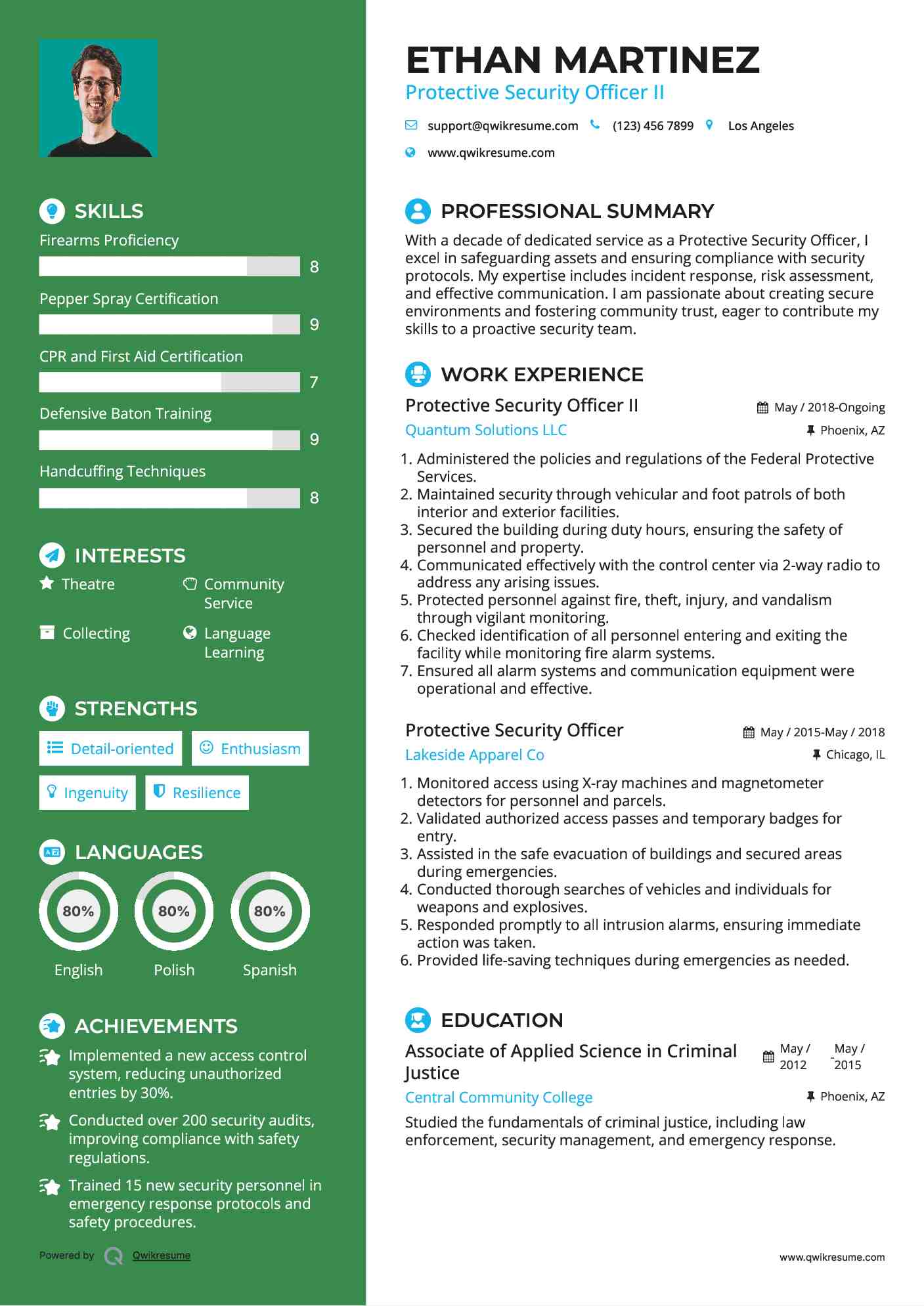 Protective Security Officer II Resume Model