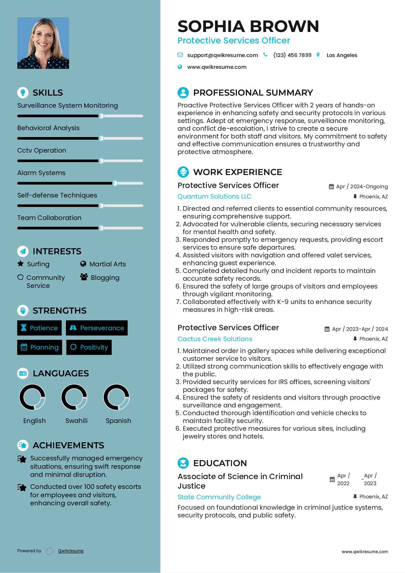 Protective Services Officer Resume Sample